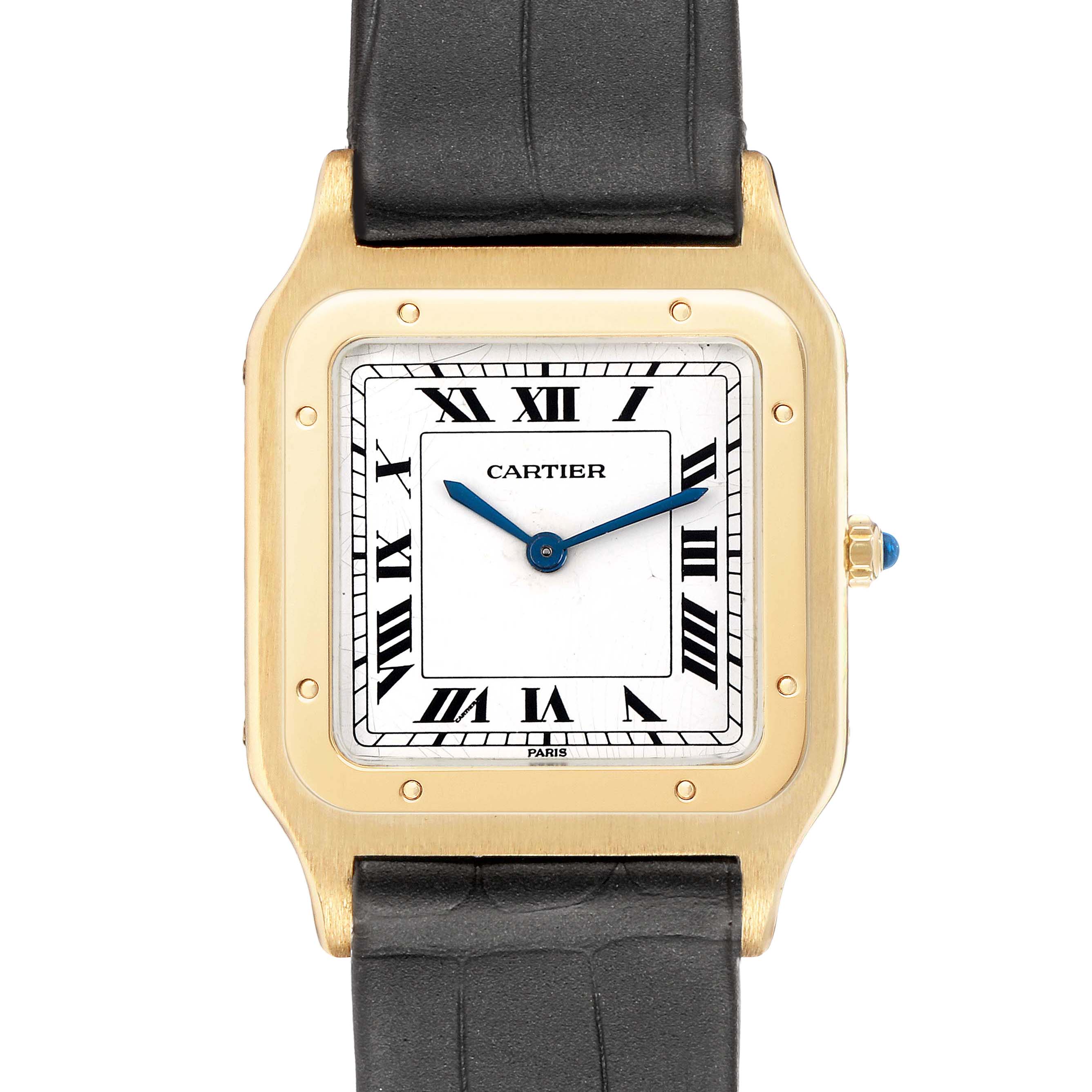 The Cartier Santos Dumont W1505453 Men's Yellow Gold White Dial watch is shown from a front angle, highlighting the face, case, and strap connection.