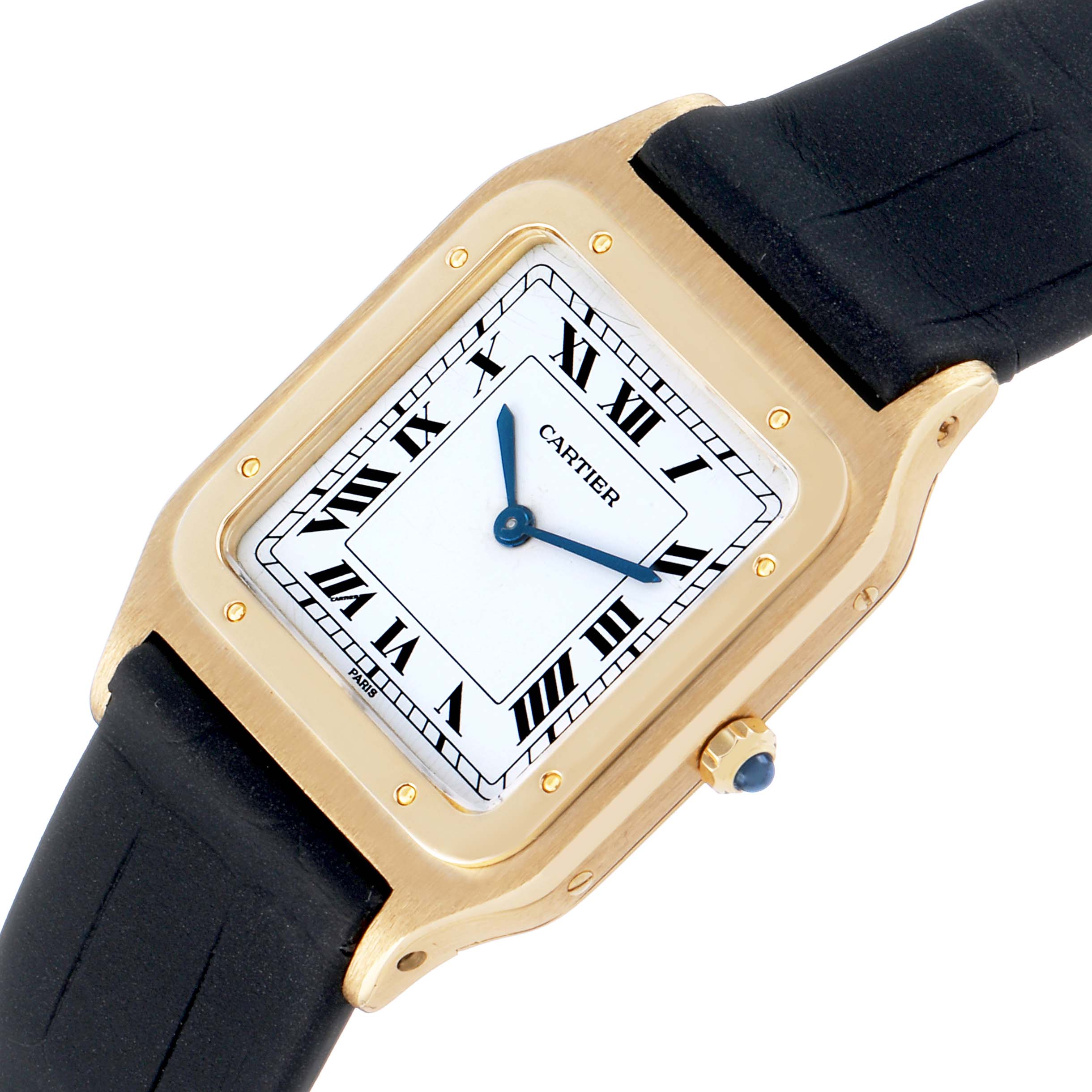 The Cartier Santos Dumont W1505453 Men's Yellow Gold White Dial watch is shown at a slight diagonal, displaying the face, Roman numerals, and gold bezel with a black strap.