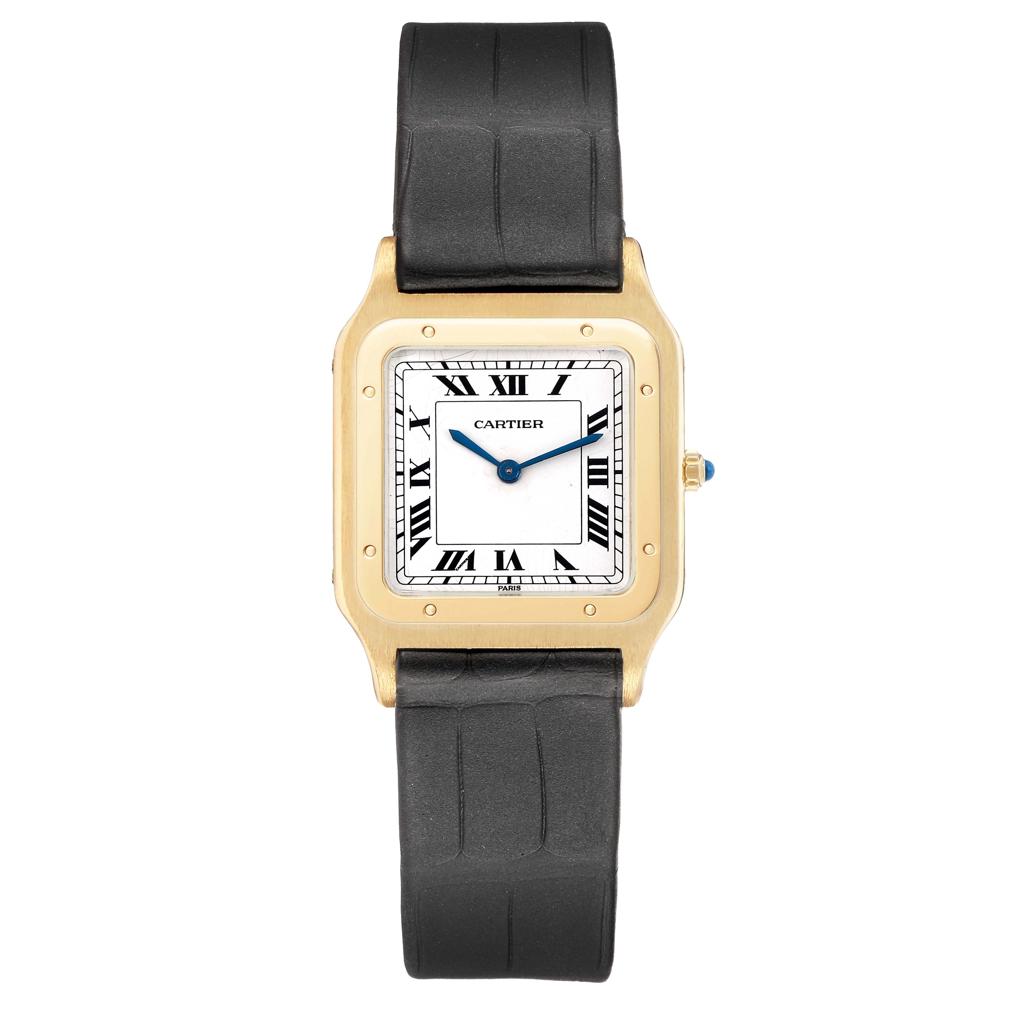 The Cartier Santos Dumont W1505453 Men's Yellow Gold White Dial watch is shown from a top-down angle, featuring its square dial, Roman numerals, and black strap.