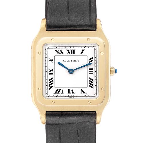 The image shows a frontal view of the Cartier Santos Dumont W1505453 Men's Yellow Gold White Dial, highlighting the face, case, crown, and strap.