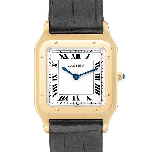 The Cartier Santos Dumont W1505453 Men's Yellow Gold White Dial watch is shown from the front, highlighting the square dial, Roman numerals, and leather strap.