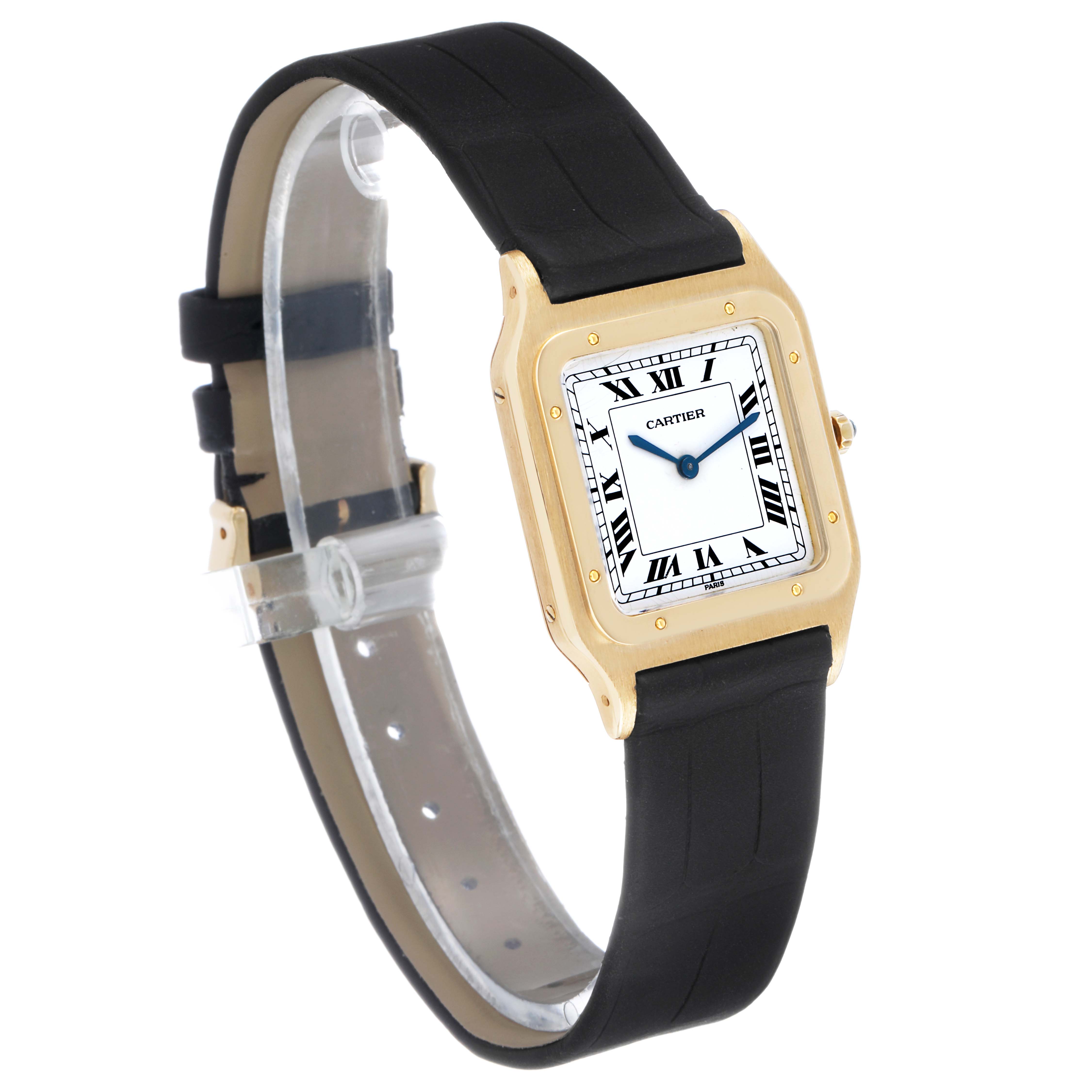 The Cartier Santos Dumont W1505453 Men's Yellow Gold White Dial watch is shown at a side angle, displaying its square face, Roman numerals, and black strap.