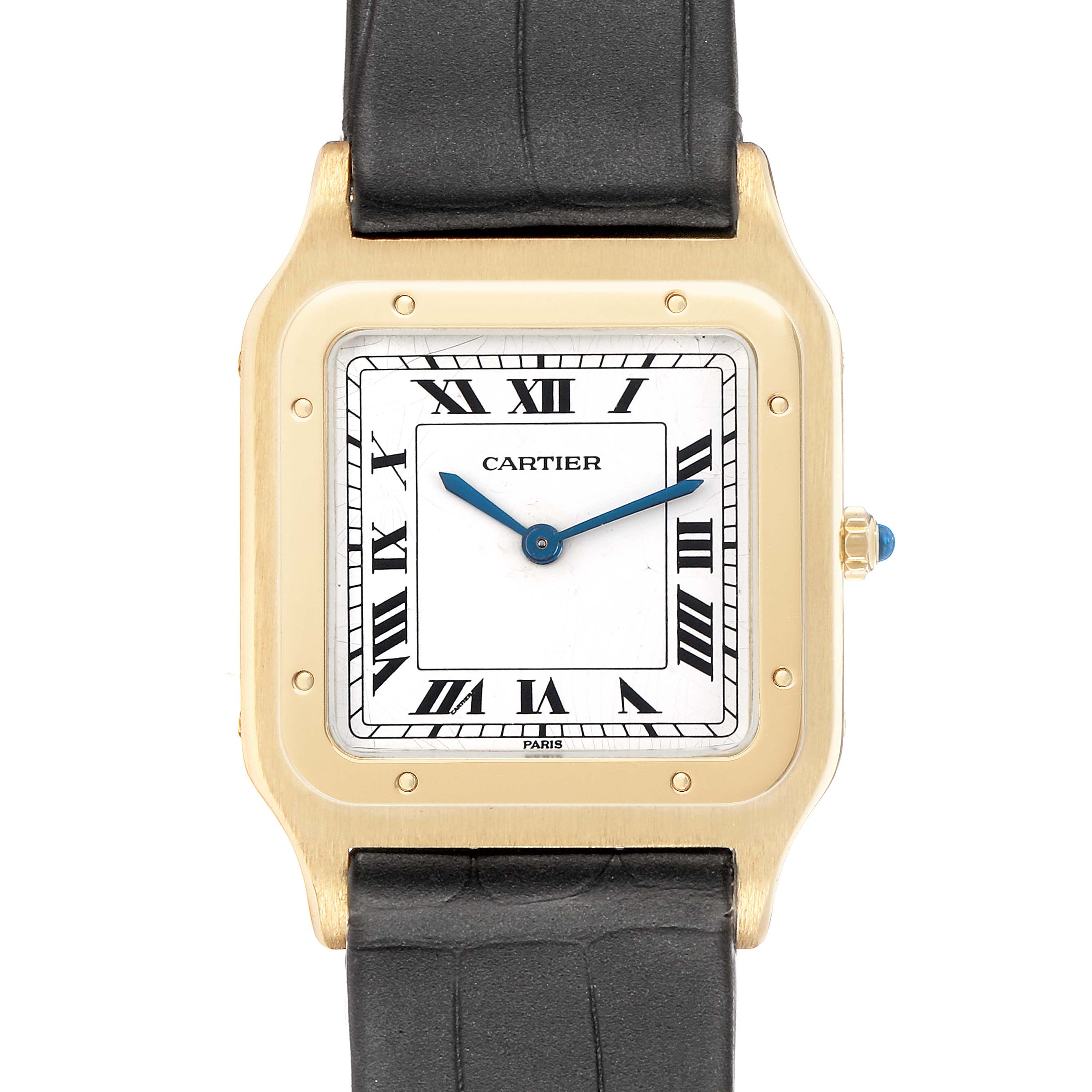 The Cartier Santos Dumont W1505453 Men's Yellow Gold White Dial watch is shown from a front angle, highlighting the face, bezel, and part of the strap.