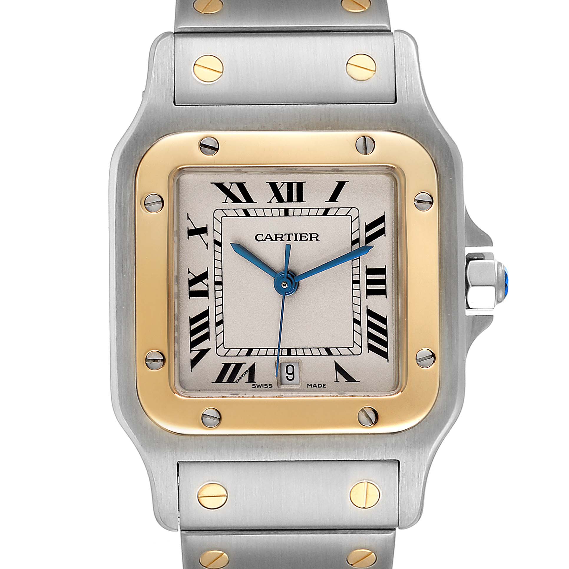 This image shows a front view of a Cartier Santos W20011C4 Men
s Steel and Gold (two tone) Silver Dial W20011C4 Men
s Steel and Gold (two tone) Silver Dial watch, highlighting the dial, bezel, and part of the bracelet.