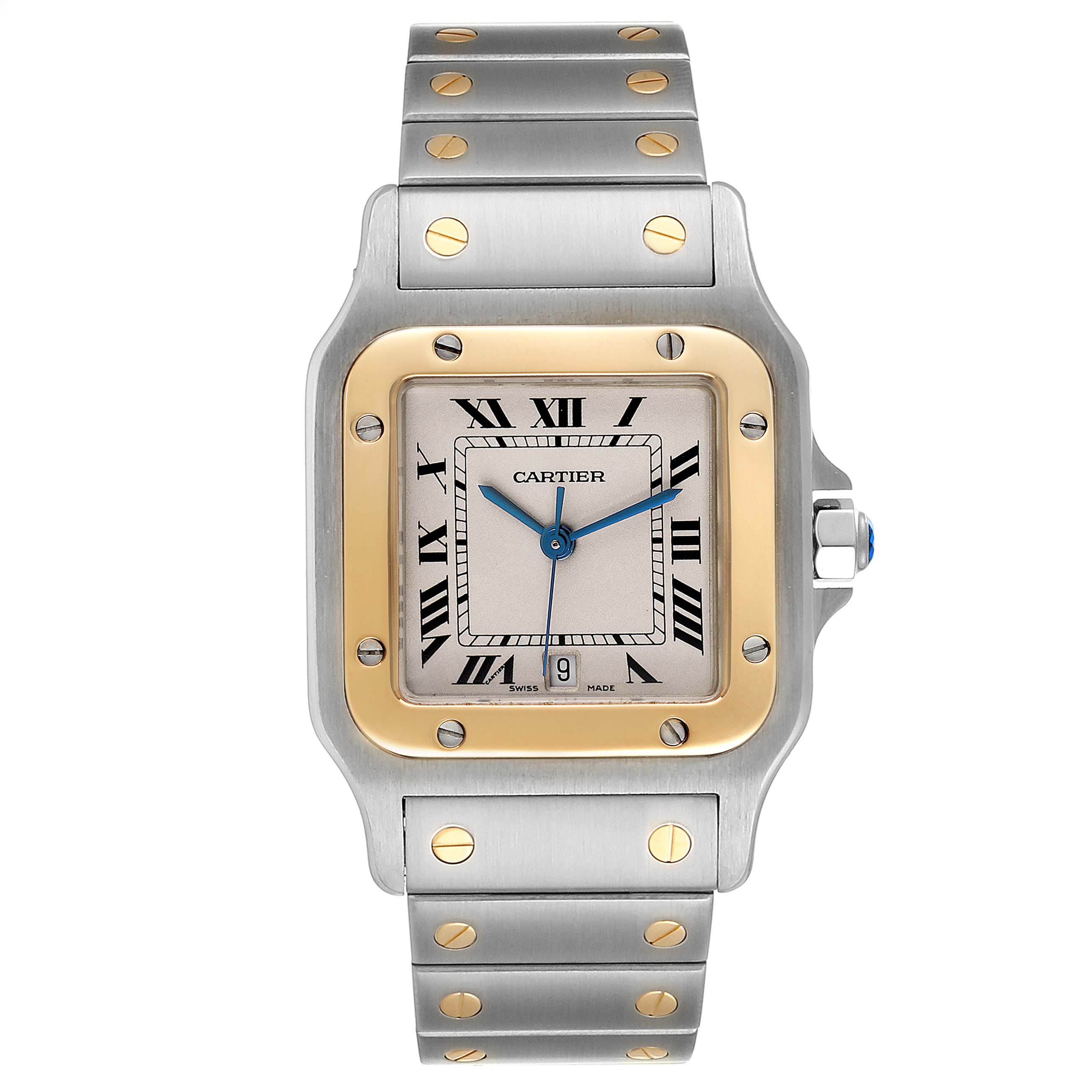 The image shows a front view of a Cartier Santos W20011C4 Men
s Steel and Gold (two tone) Silver Dial W20011C4 Men
s Steel and Gold (two tone) Silver Dial watch, highlighting its face, bezel, and bracelet.