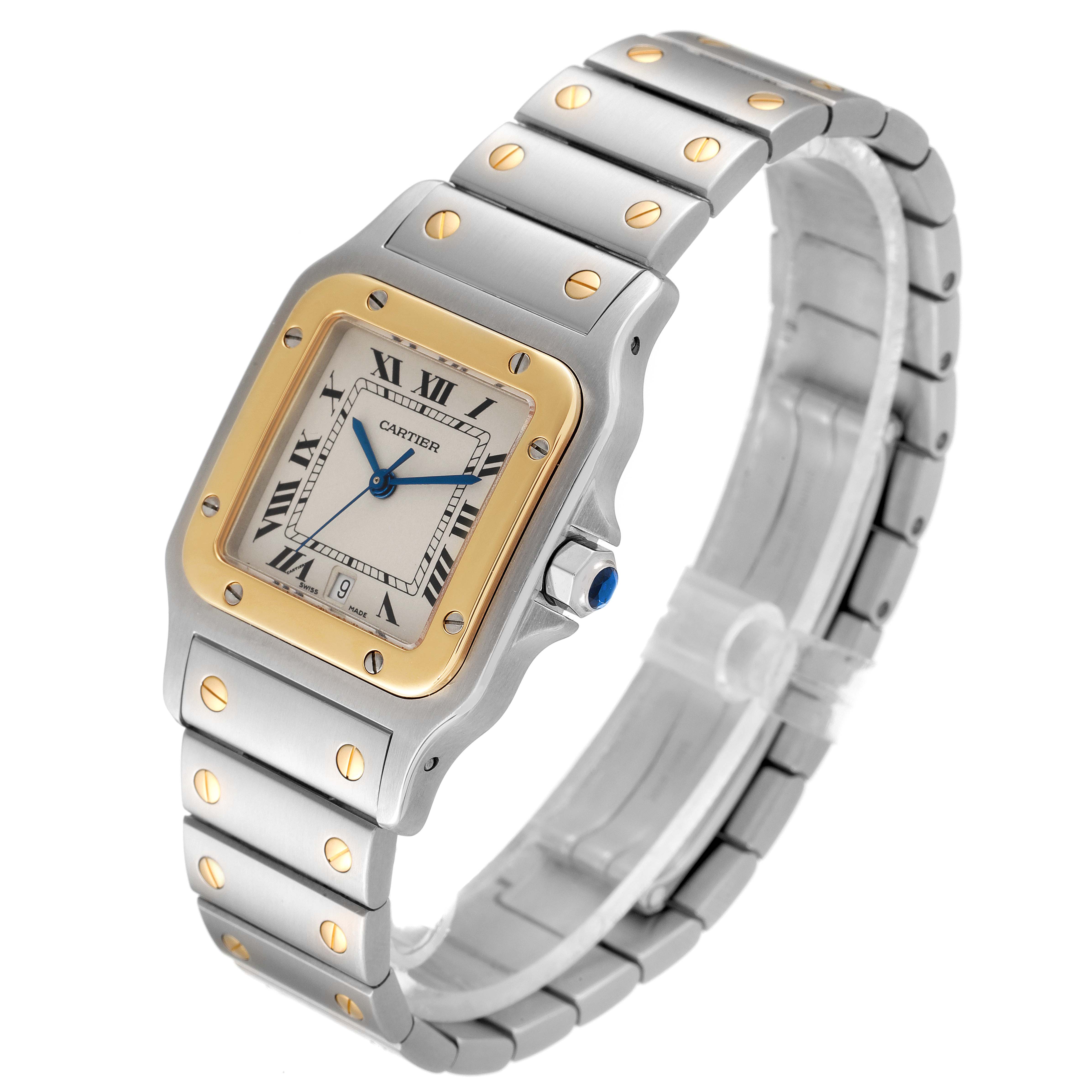 The image shows a three-quarter view of a Cartier Santos W20011C4 Men
s Steel and Gold (two tone) Silver Dial W20011C4 Men
s Steel and Gold (two tone) Silver Dial watch, highlighting its face, bezel, and metallic bracelet.