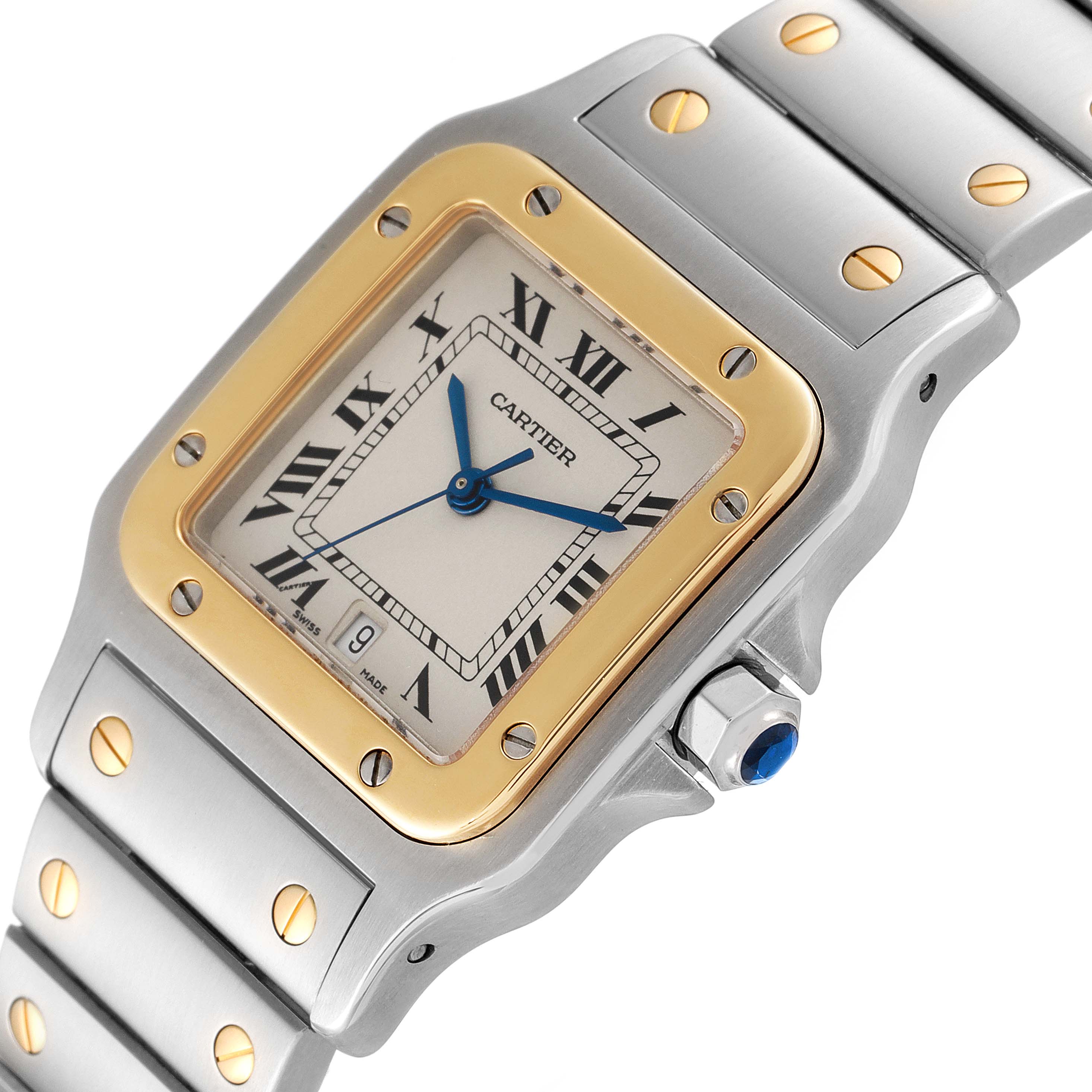 This image shows the Cartier Santos W20011C4 Men
s Steel and Gold (two tone) Silver Dial W20011C4 Men
s Steel and Gold (two tone) Silver Dial watch face, bezel, crown, and part of the bracelet at a slight angle.