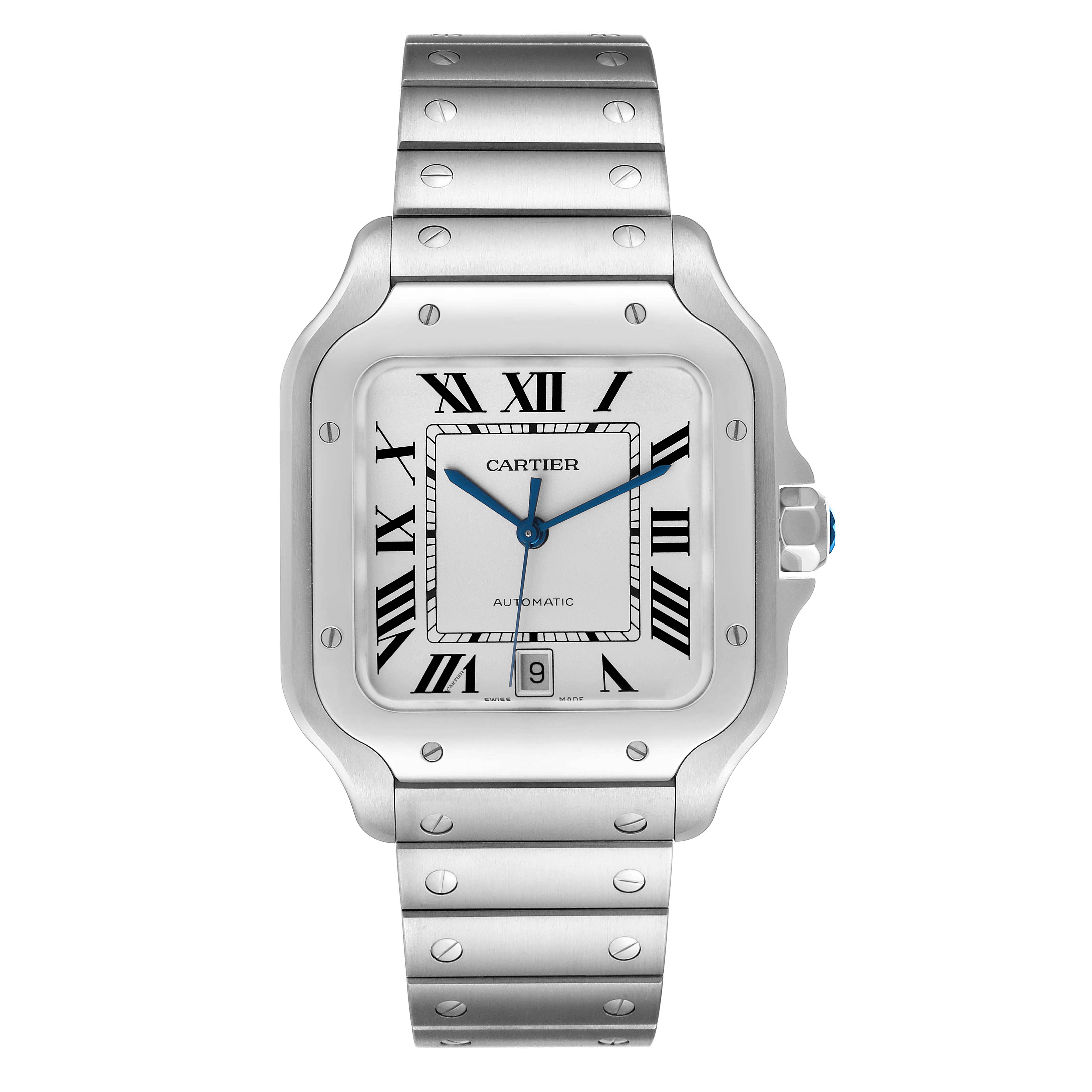The Cartier Santos WSSA0018 Men's Stainless Steel Silver Dial WSSA0018 Men's Stainless Steel Silver Dial watch is shown from the front, displaying its square face, Roman numerals, and stainless steel bracelet.