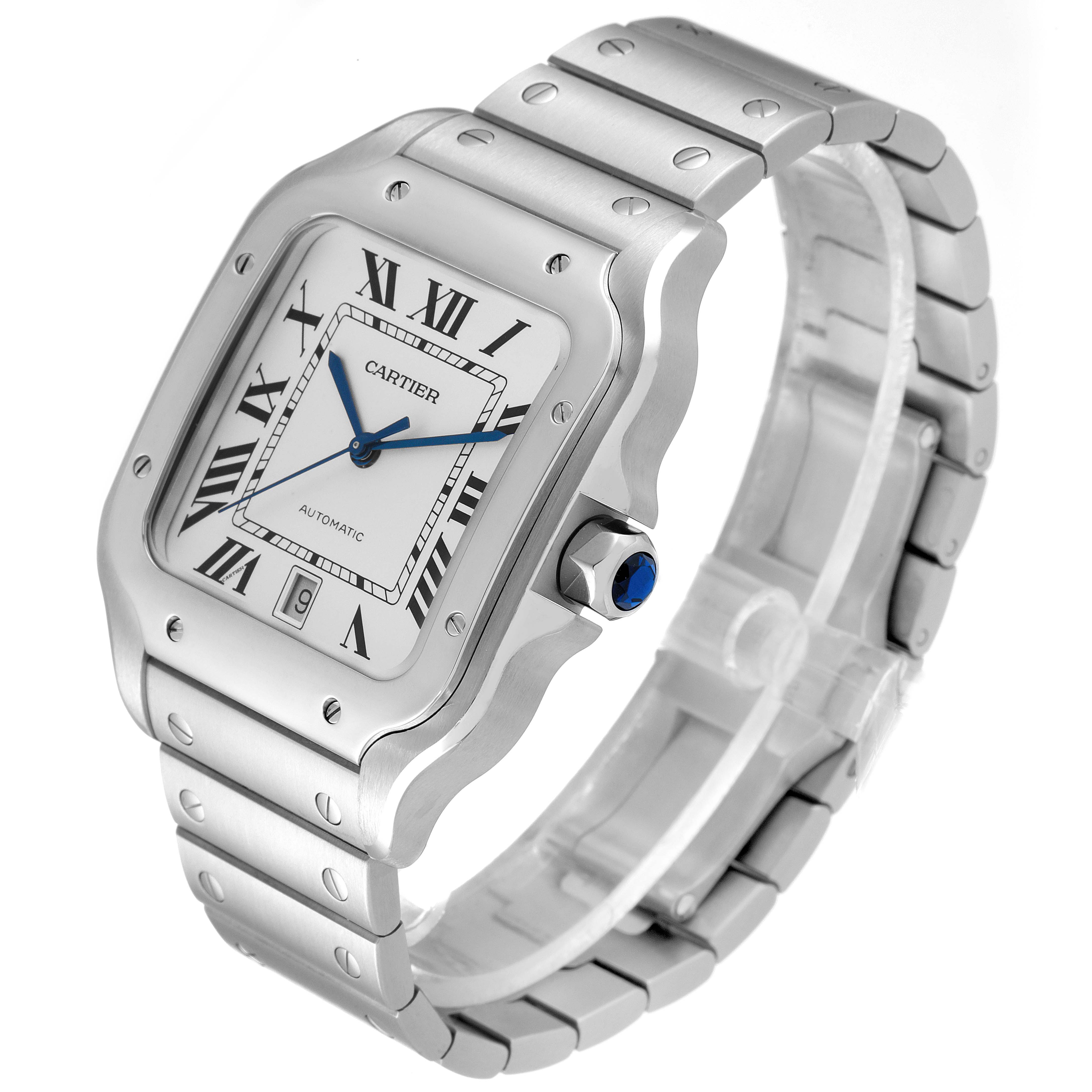 The image shows a Cartier Santos WSSA0018 Men's Stainless Steel Silver Dial WSSA0018 Men's Stainless Steel Silver Dial watch angled at three-quarters, highlighting its dial, bezel, crown, and bracelet.