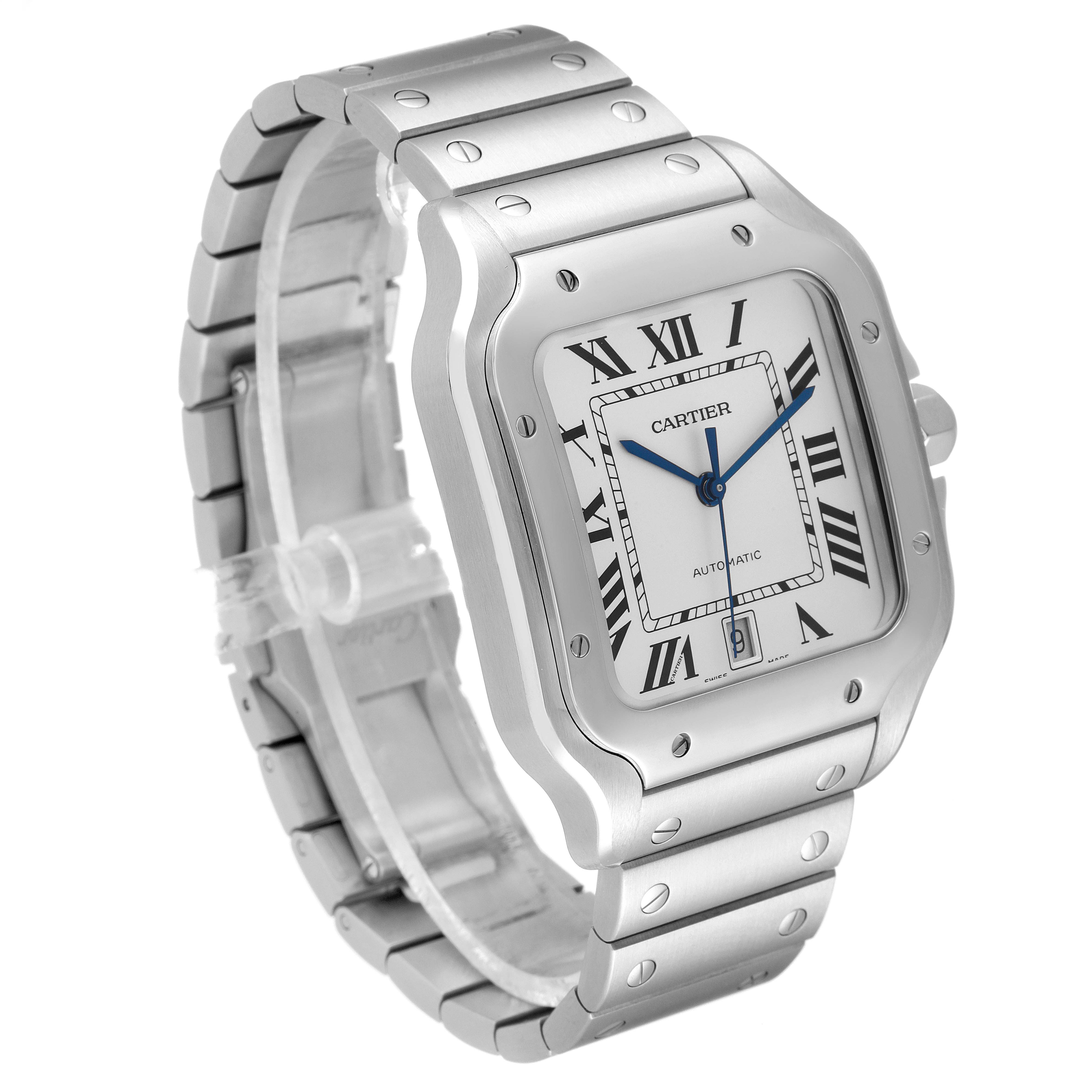 The image shows a three-quarter side view of a Cartier Santos WSSA0018 Men's Stainless Steel Silver Dial WSSA0018 Men's Stainless Steel Silver Dial watch, highlighting its face, bezel, and metal bracelet.
