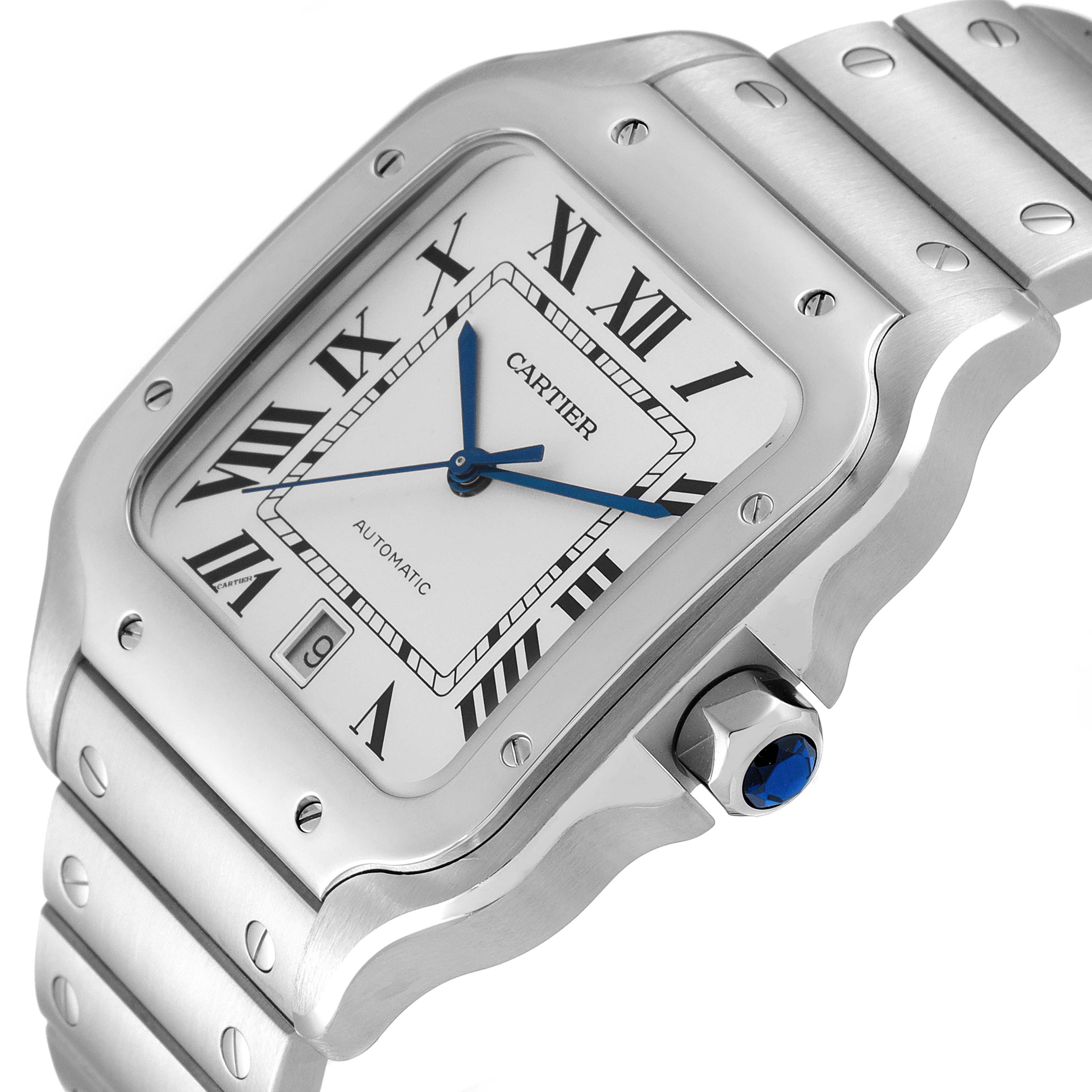 This image shows a close-up of the Cartier Santos WSSA0018 Men's Stainless Steel Silver Dial WSSA0018 Men's Stainless Steel Silver Dial watch, highlighting the dial, bezel, case, and part of the bracelet.
