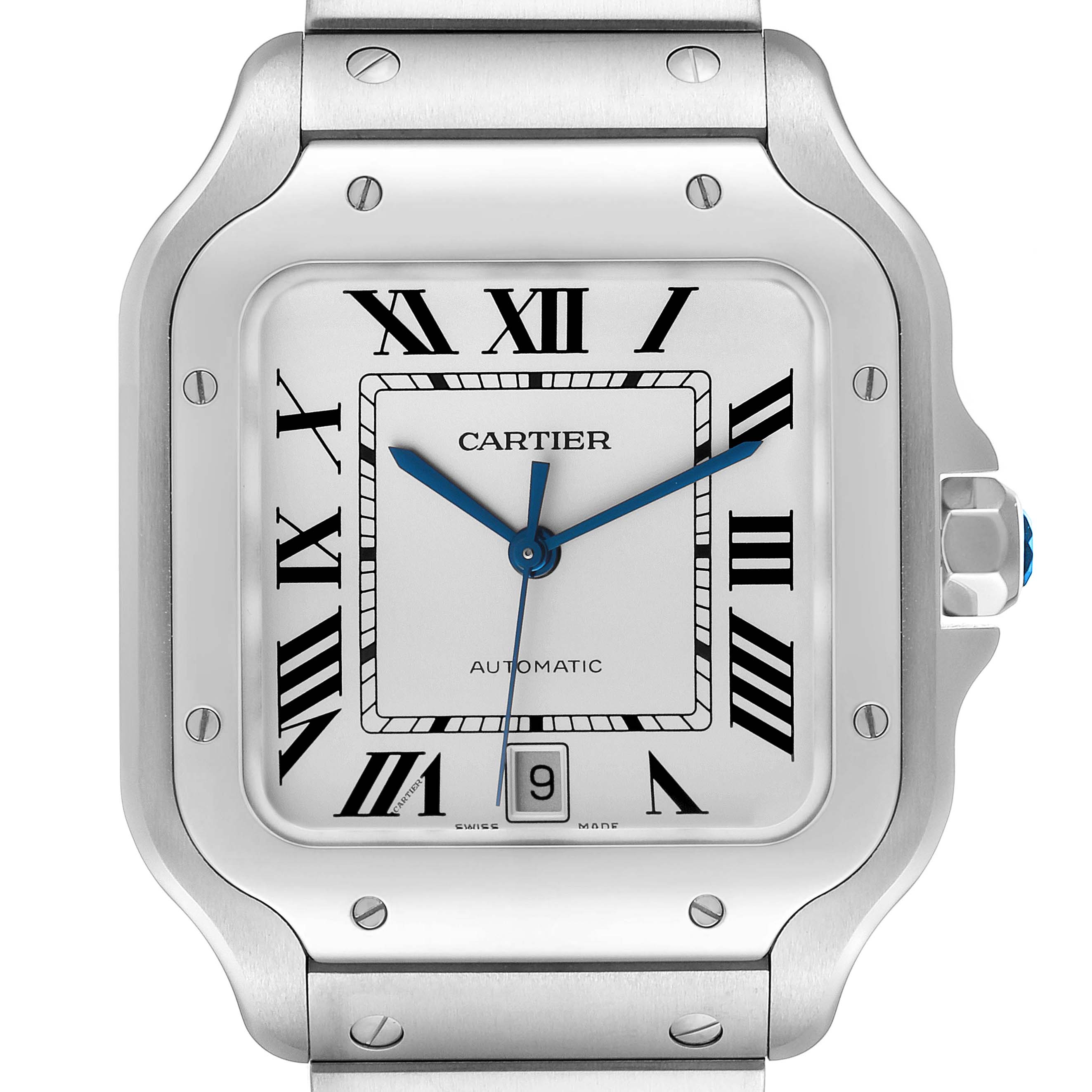 This image shows a close-up, front view of the Cartier Santos WSSA0018 Men's Stainless Steel Silver Dial WSSA0018 Men's Stainless Steel Silver Dial watch, detailing the face, hands, bezel, and part of the bracelet.