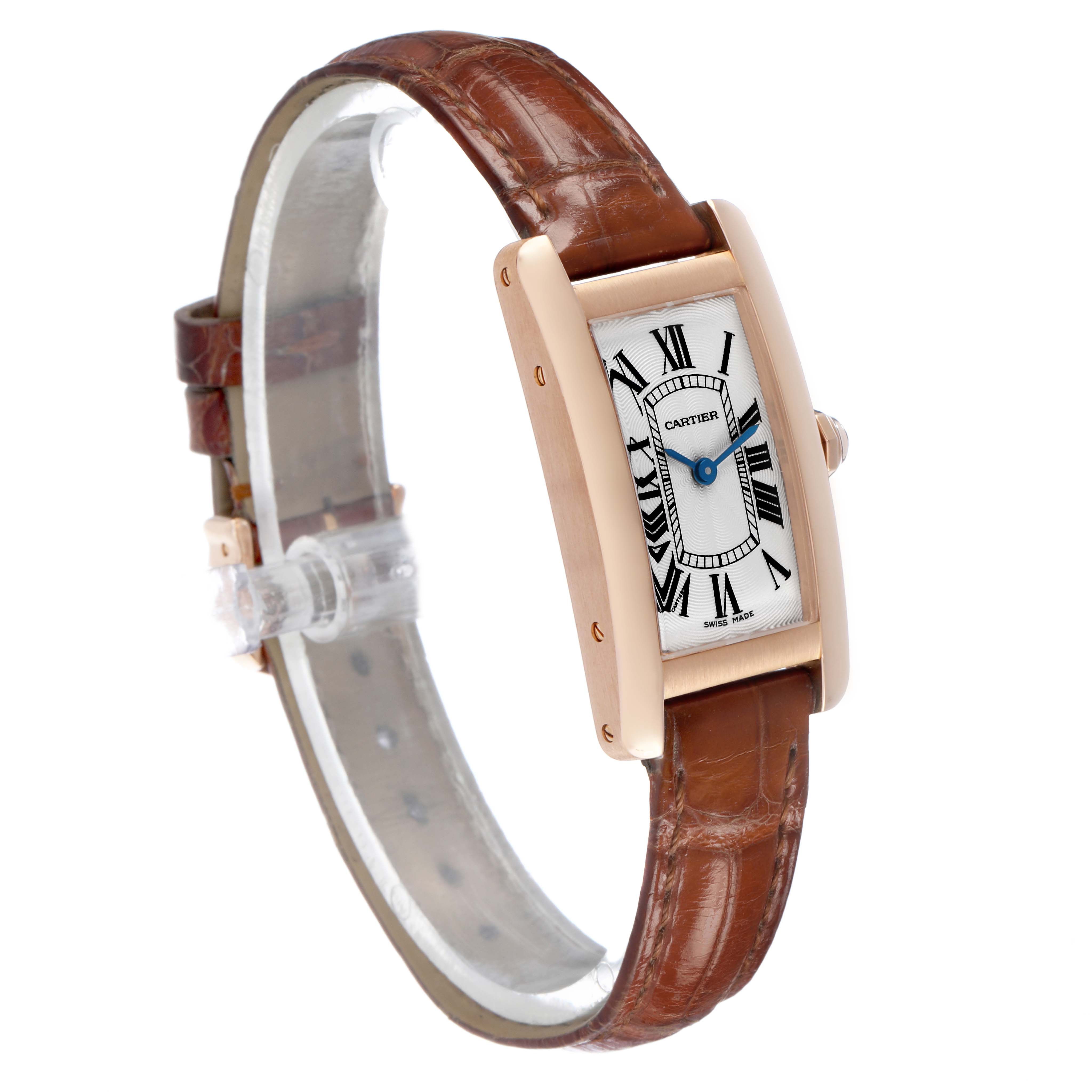 The Cartier Tank Americaine W2607456 Men's Rose Gold Silver Dial watch is shown at a slight side angle, displaying its rectangular face and brown leather strap.
