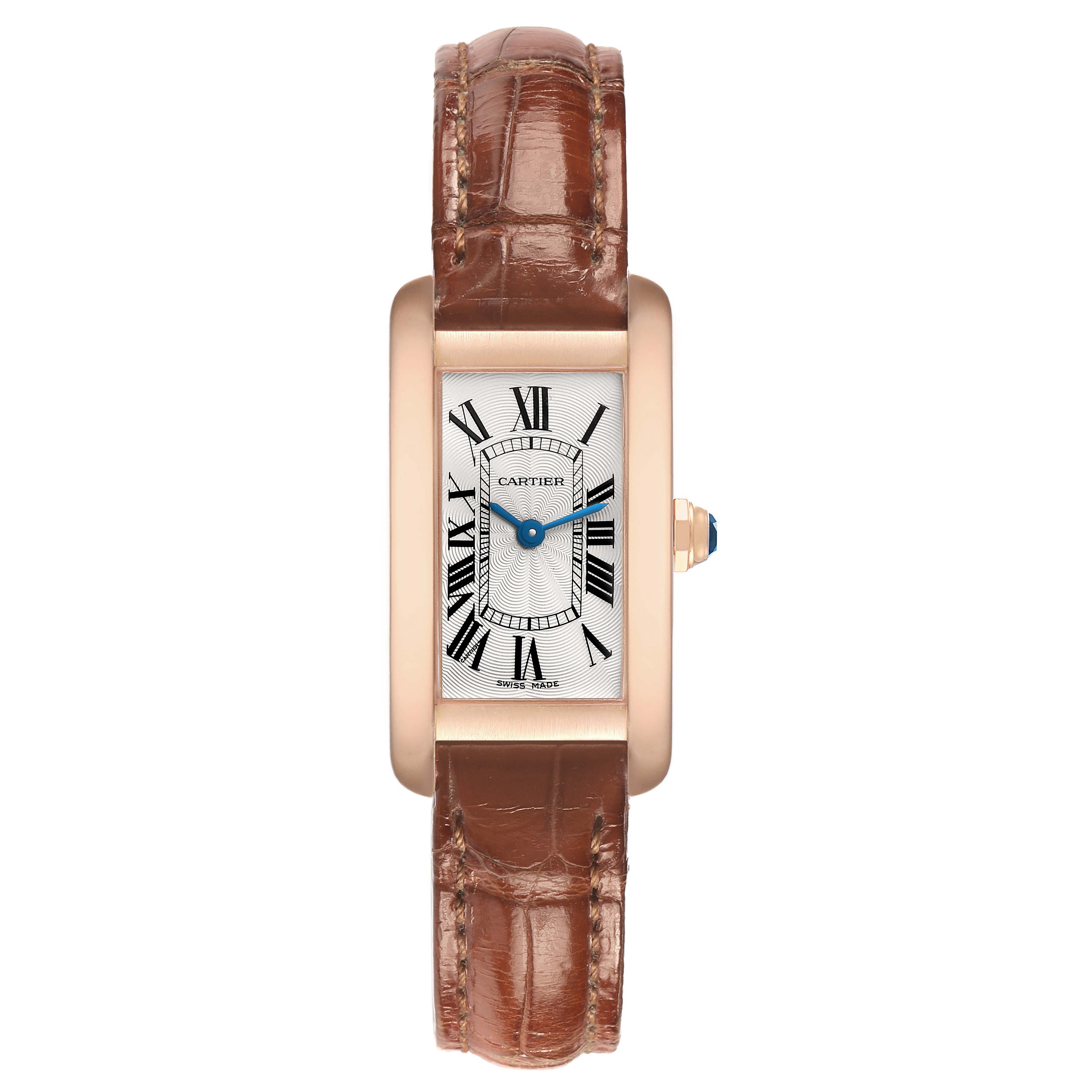 The Cartier Tank Americaine W2607456 Men's Rose Gold Silver Dial watch is shown from a top-down angle, highlighting its face and brown leather strap.