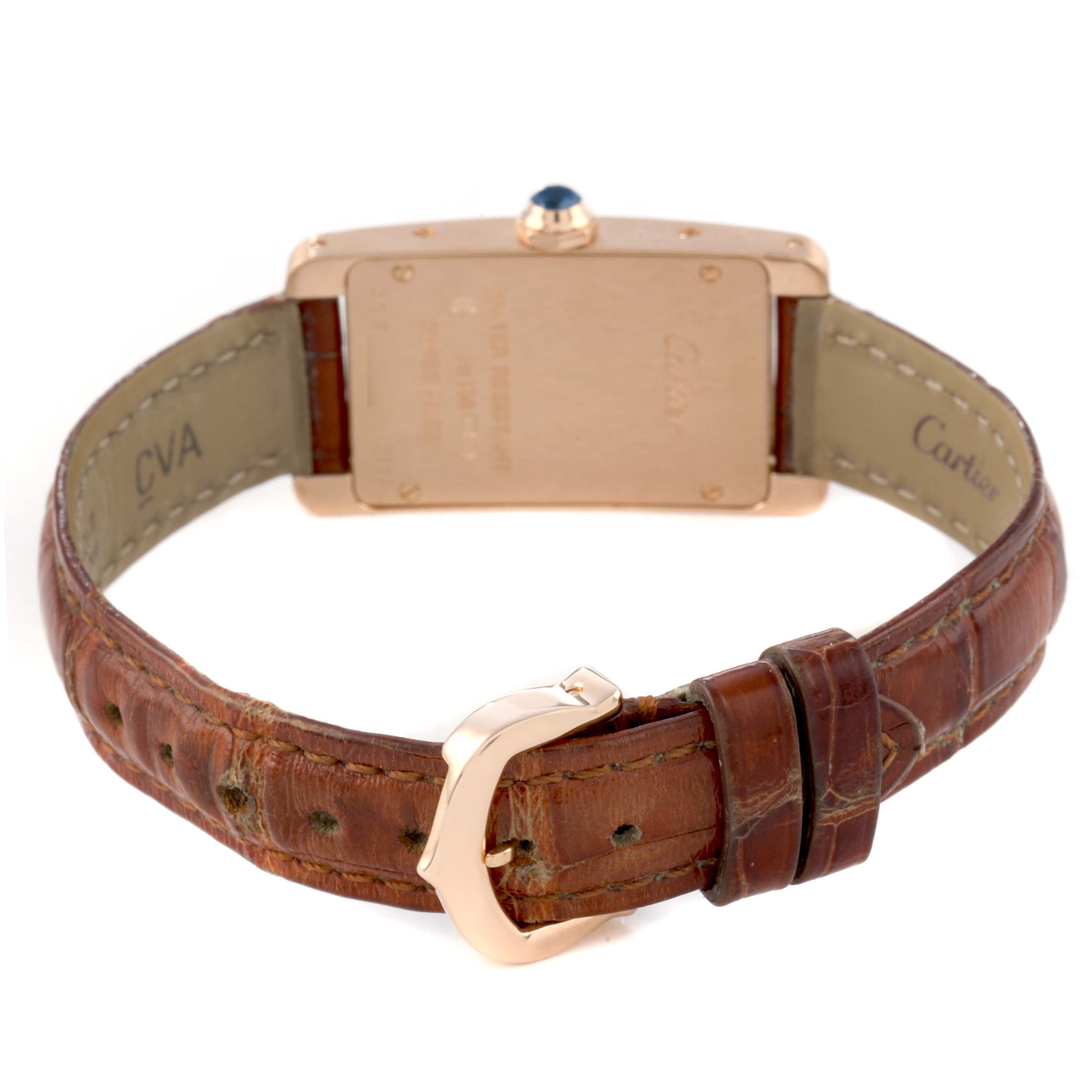 The image shows the back of a Cartier Tank Americaine W2607456 Men's Rose Gold Silver Dial watch, focusing on the case, leather strap, and buckle.