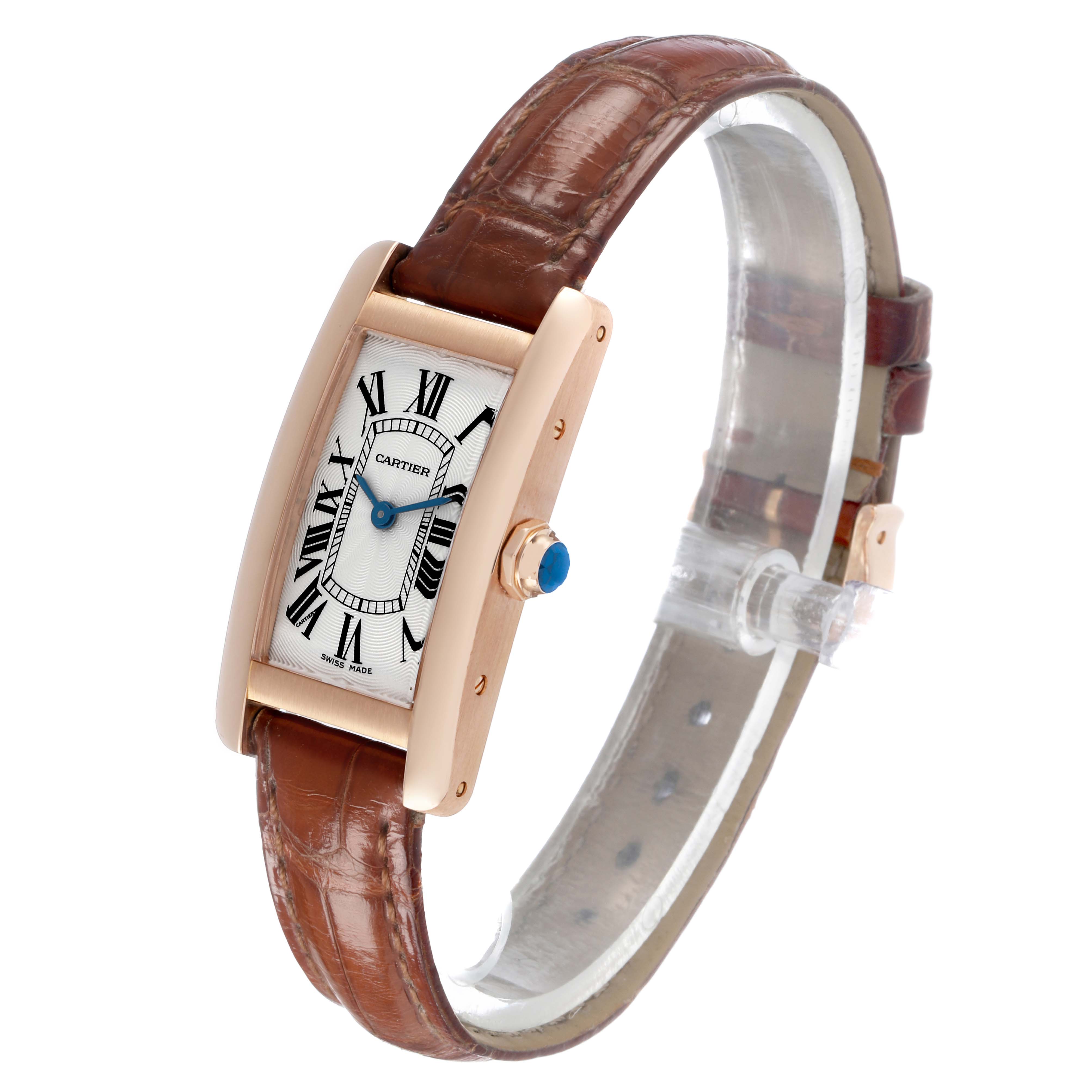 The Cartier Tank Americaine W2607456 Men's Rose Gold Silver Dial is shown at an angle highlighting the face, crown, and brown leather strap.