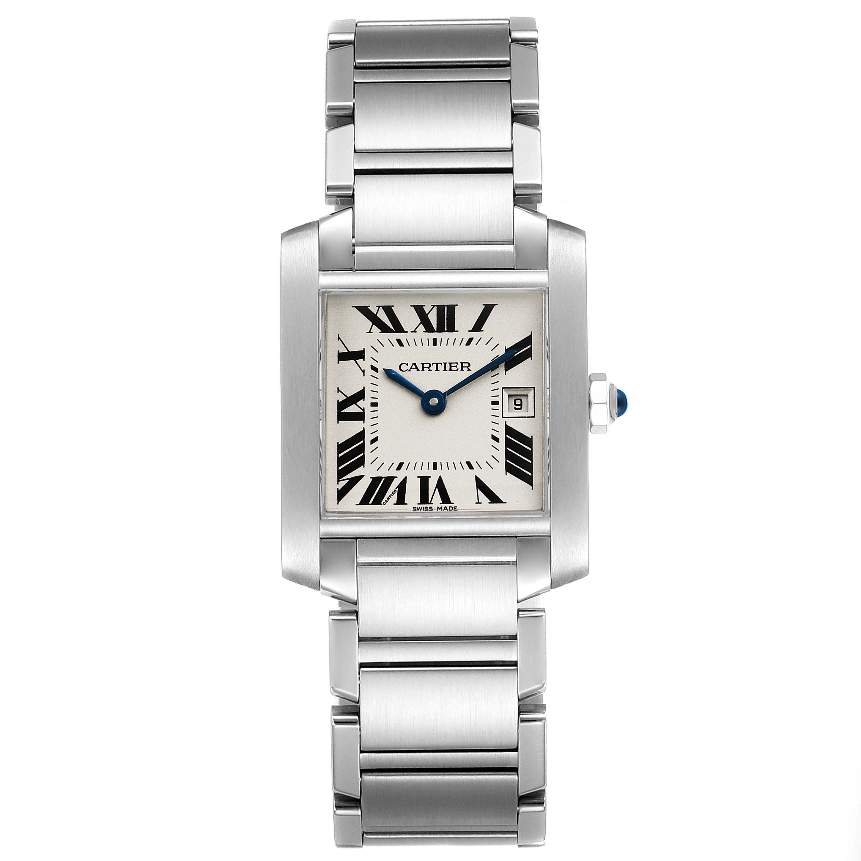 The image shows a front view of the Cartier Tank Française watch, highlighting its rectangular dial, Roman numerals, and metal bracelet.