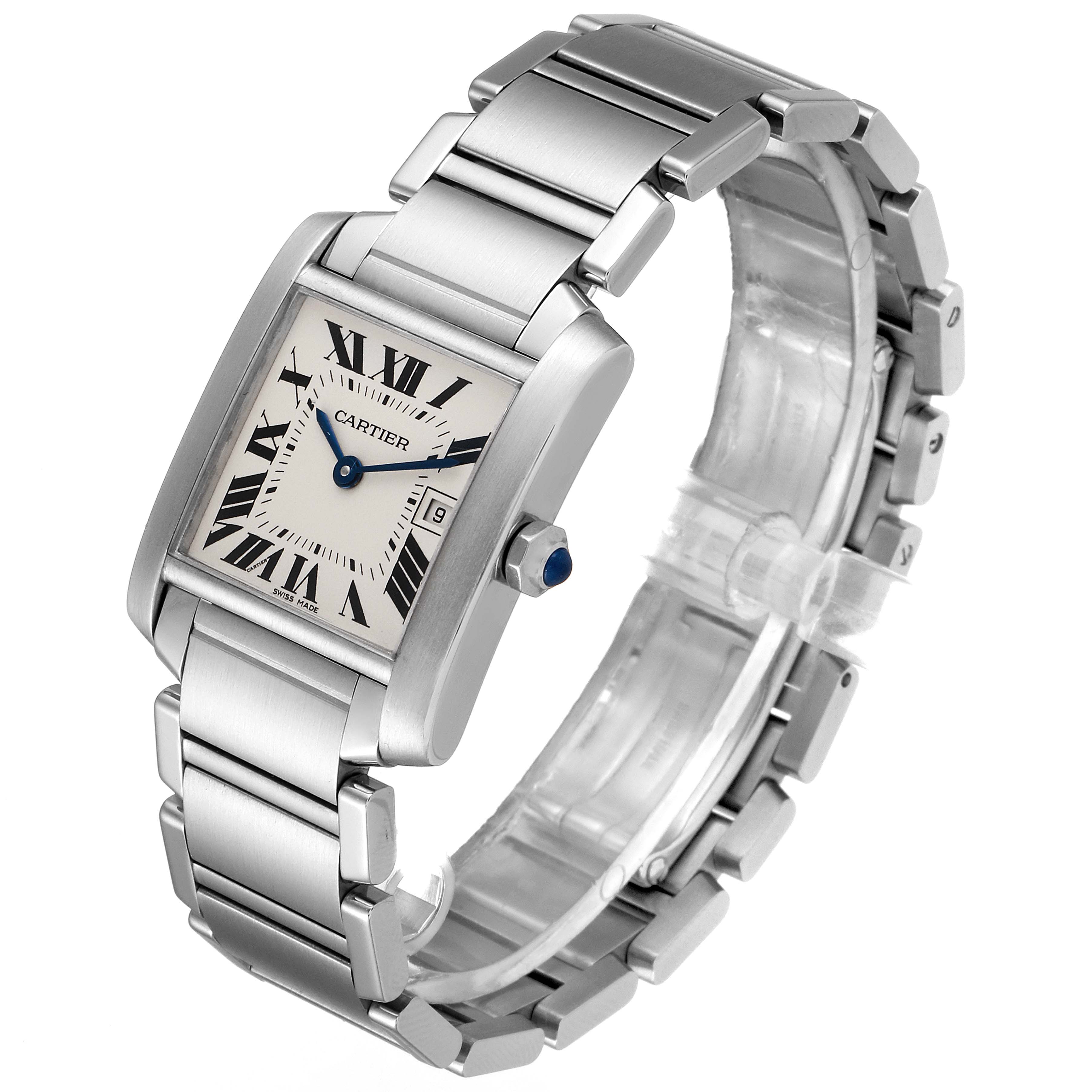 The Cartier Tank Francaise W51011Q3 Women's Stainless Steel Silver Dial W51011Q3 Women's Stainless Steel Silver Dial watch is shown at a three-quarter angle, displaying its face, bracelet, and crown.