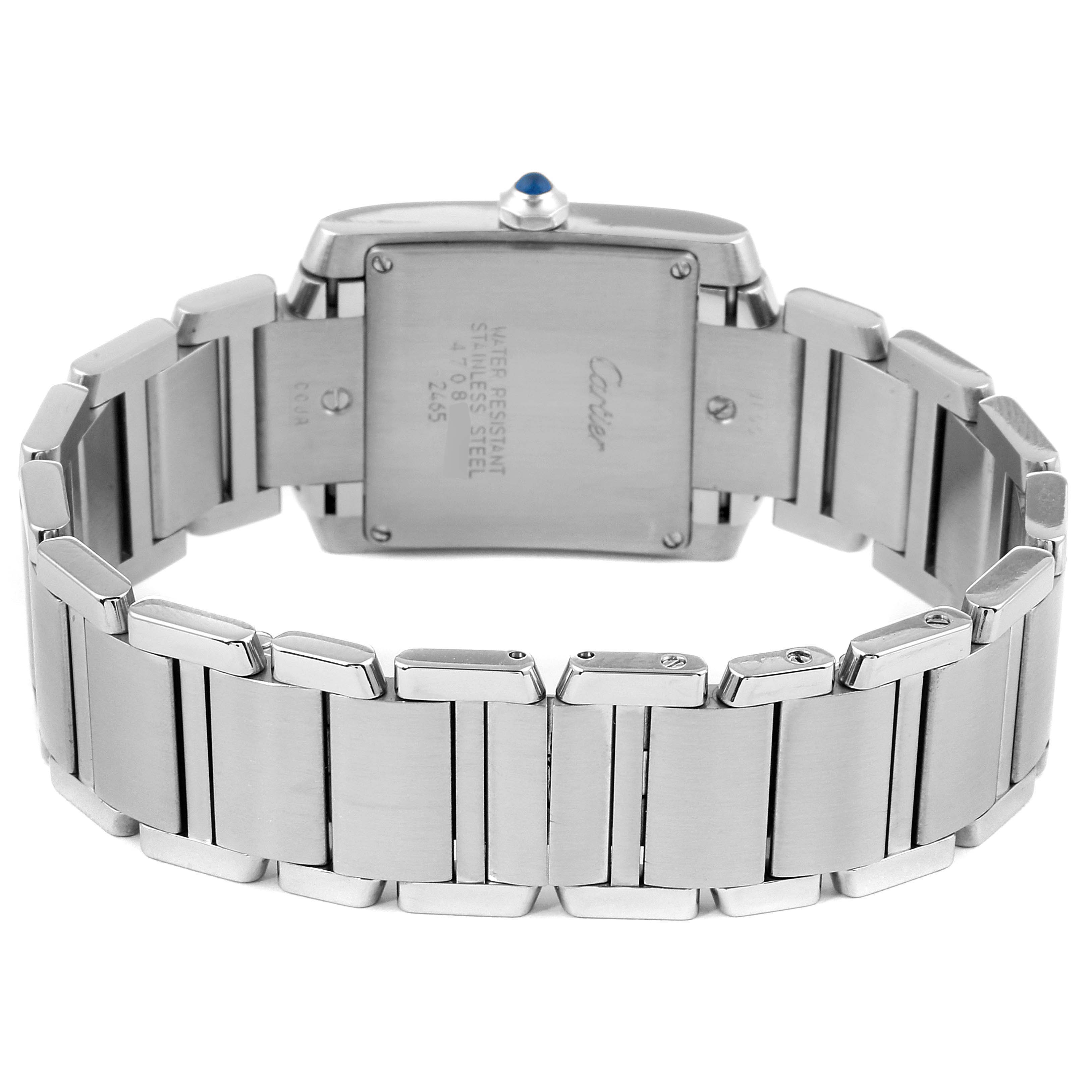 This is the back view of the Cartier Tank Française showing the stainless steel case back and bracelet.