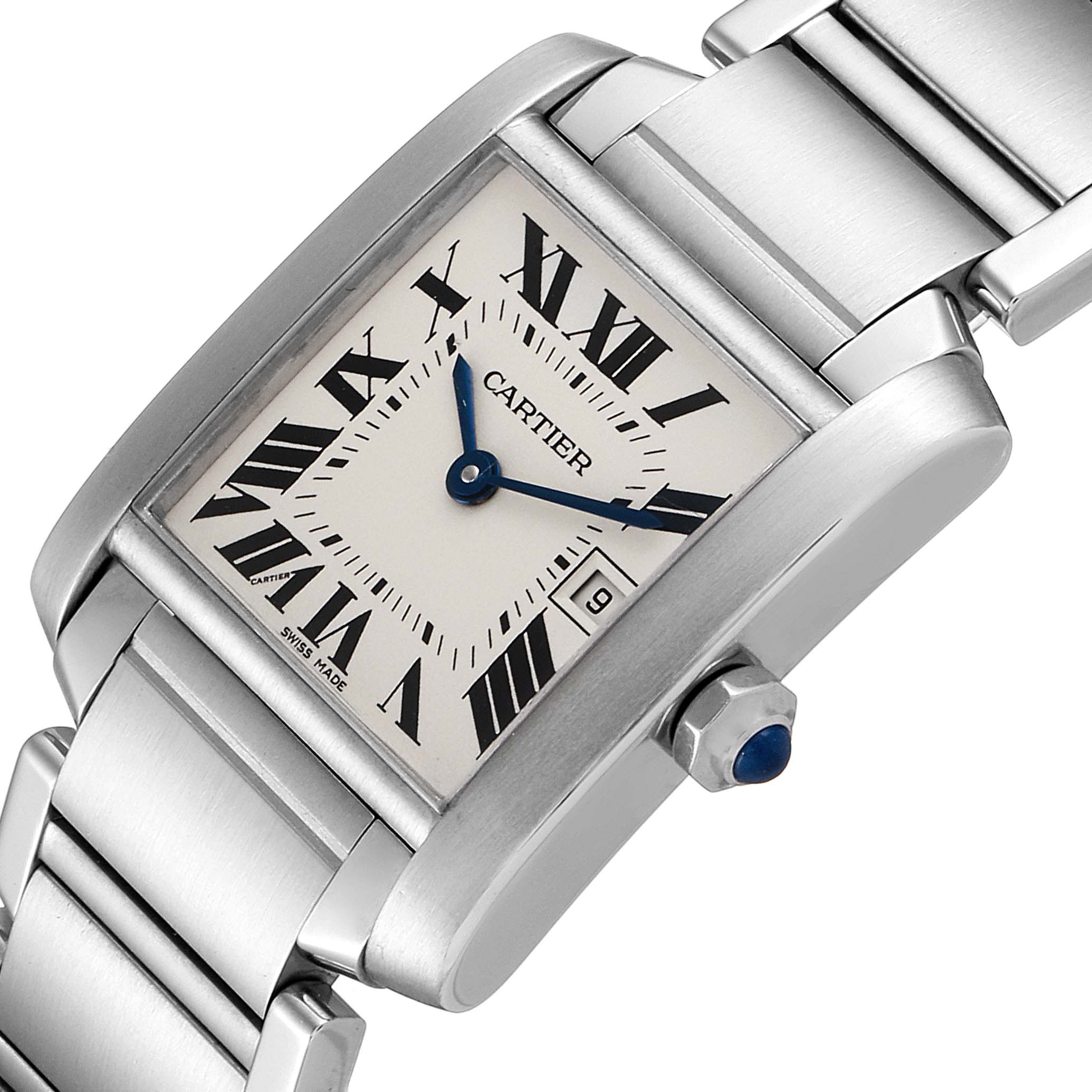 This image shows a close-up angled shot of the Cartier Tank Francaise W51011Q3 Women's Stainless Steel Silver Dial W51011Q3 Women's Stainless Steel Silver Dial watch, revealing the dial, hands, and part of the bracelet.