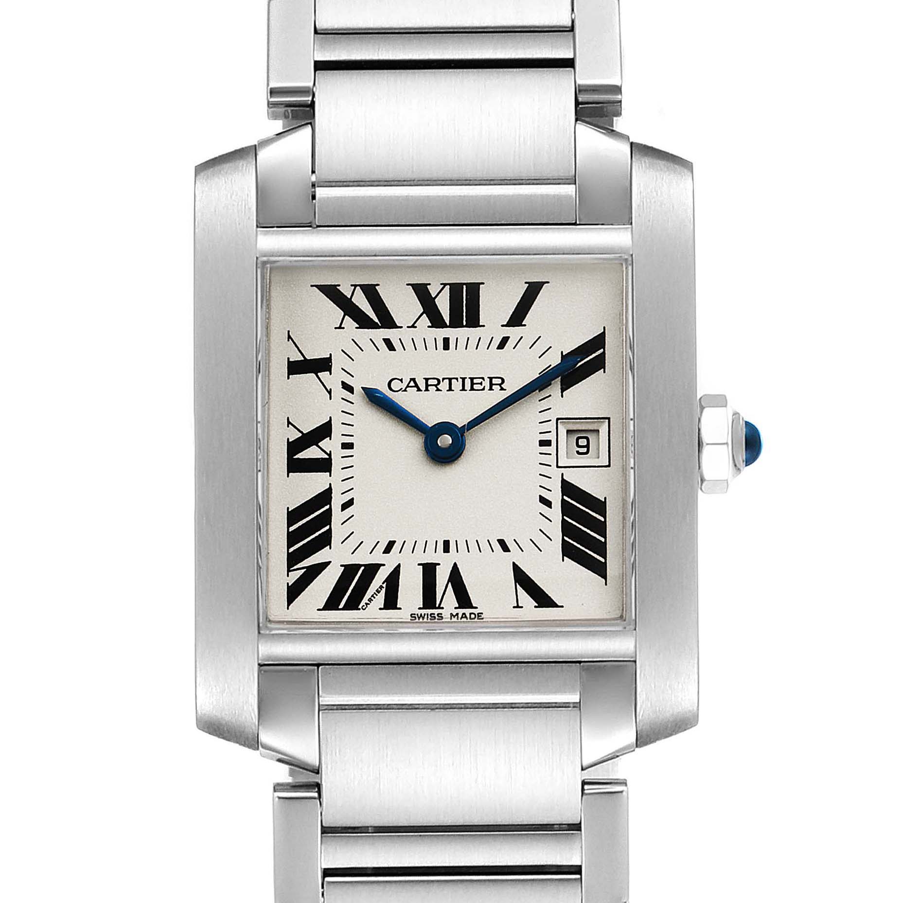 This image shows the front view of the Cartier Tank Française watch, showcasing its dial, hands, bracelet, and signature crown.