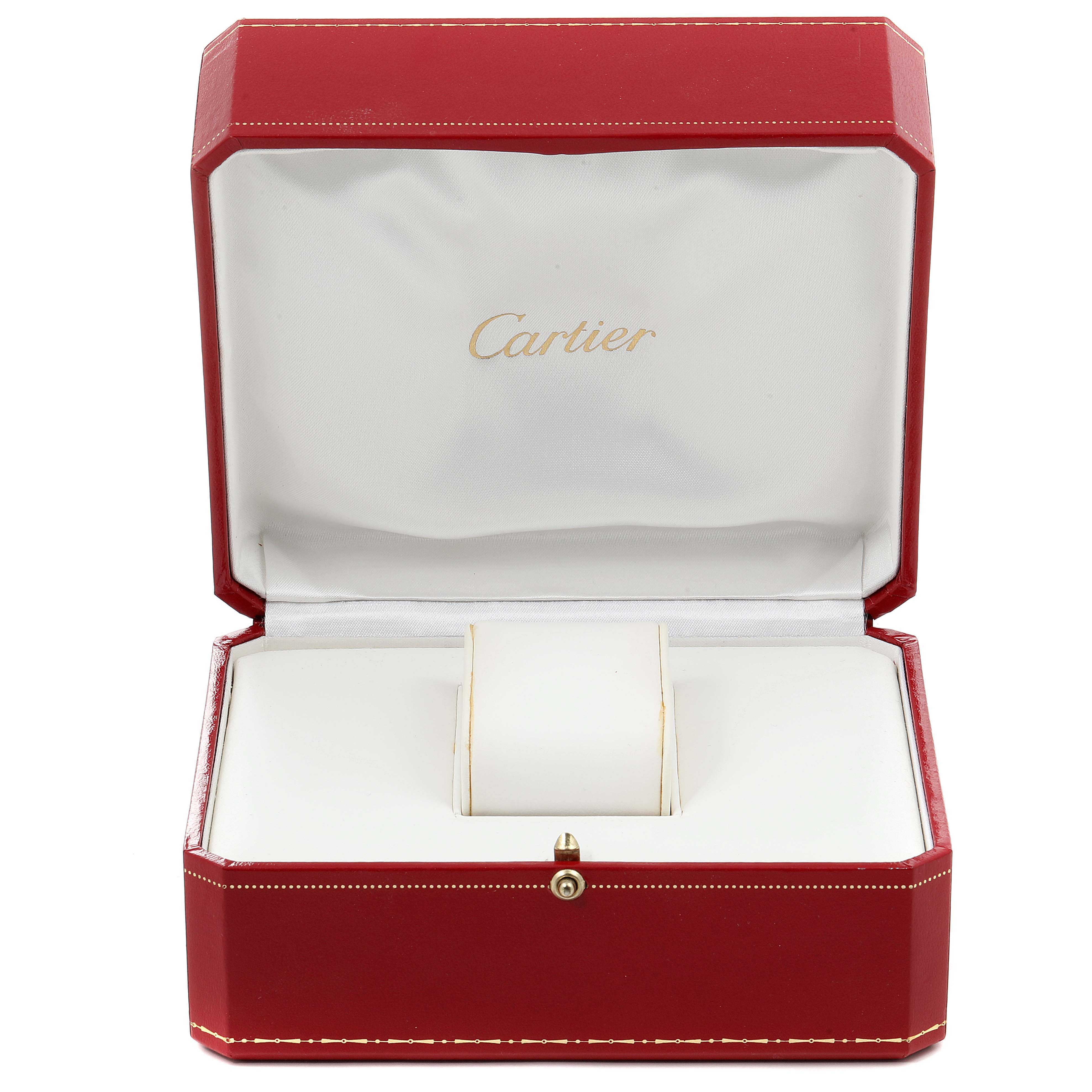 The image shows an open red Cartier watch box with white interior, designed to hold the Tank Francaise model.