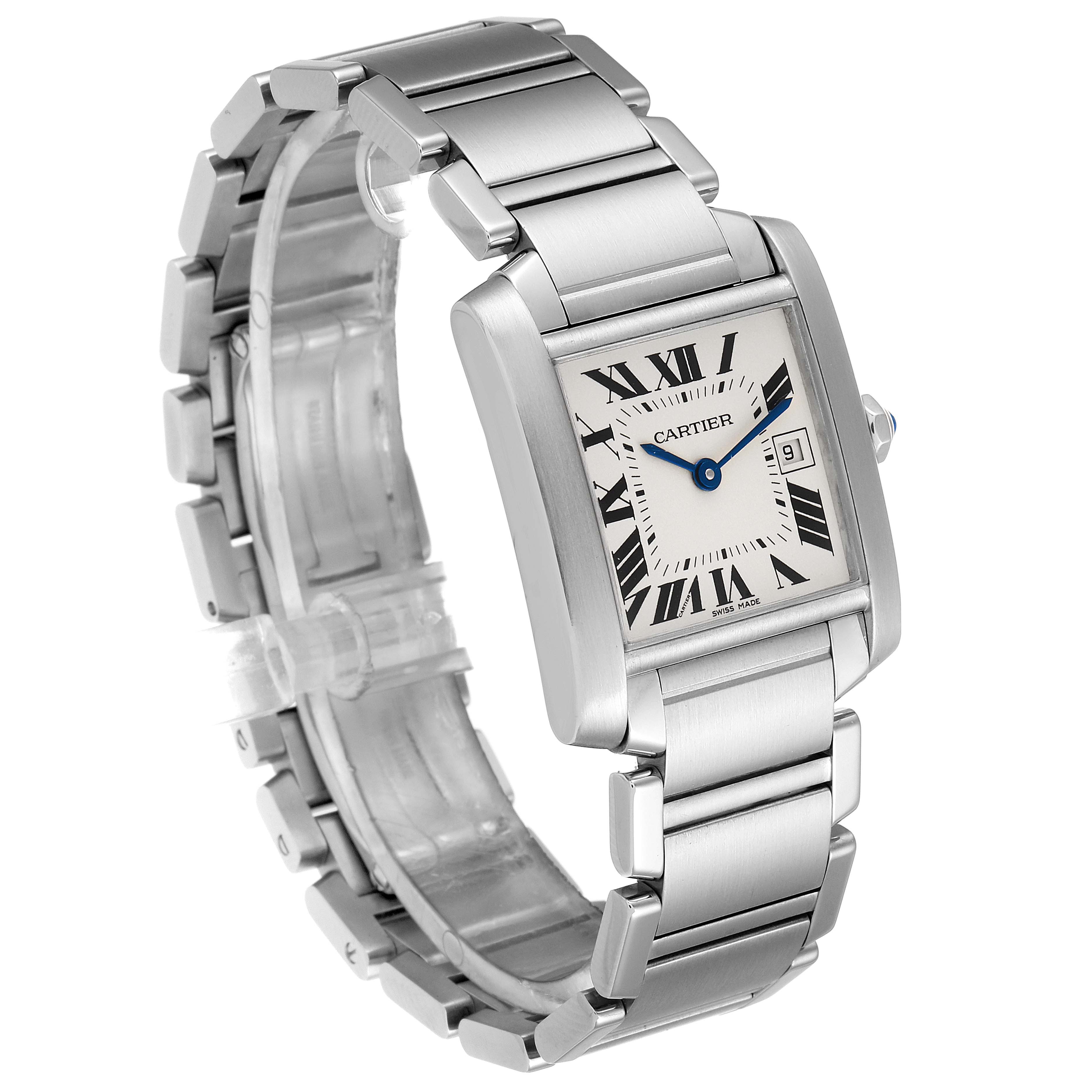 The image shows a Cartier Tank Française watch from a three-quarter angle, highlighting the face, bracelet, and clasp.