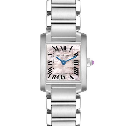 The Cartier Tank Française watch is shown from a top-down angle, highlighting its rectangular case, Roman numeral dial, and metal bracelet.
