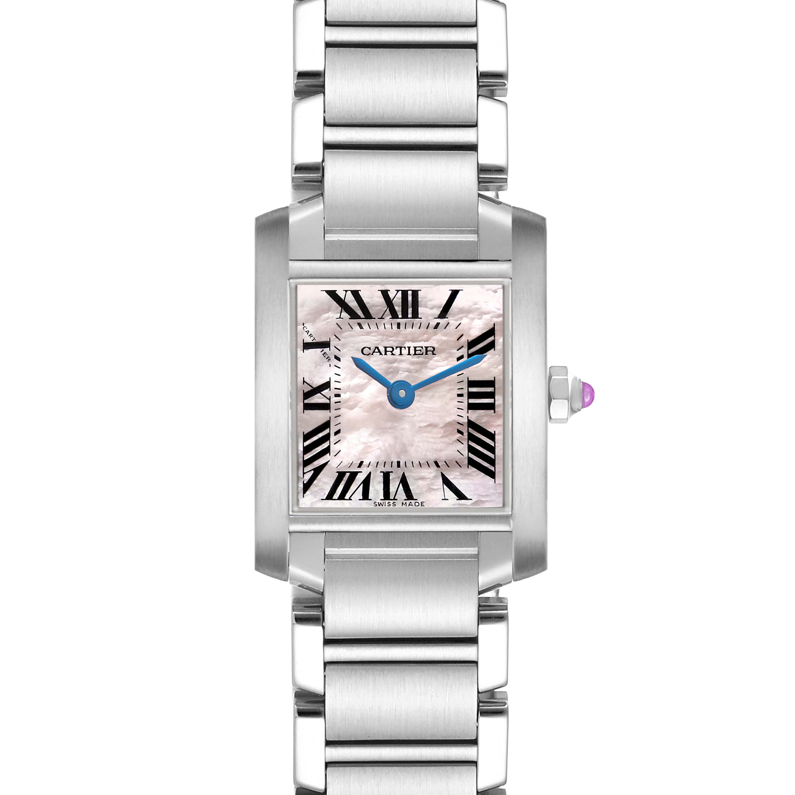 The Cartier Tank Française watch is shown from a top-down view with its dial, Roman numerals, bracelet, and crown visible.