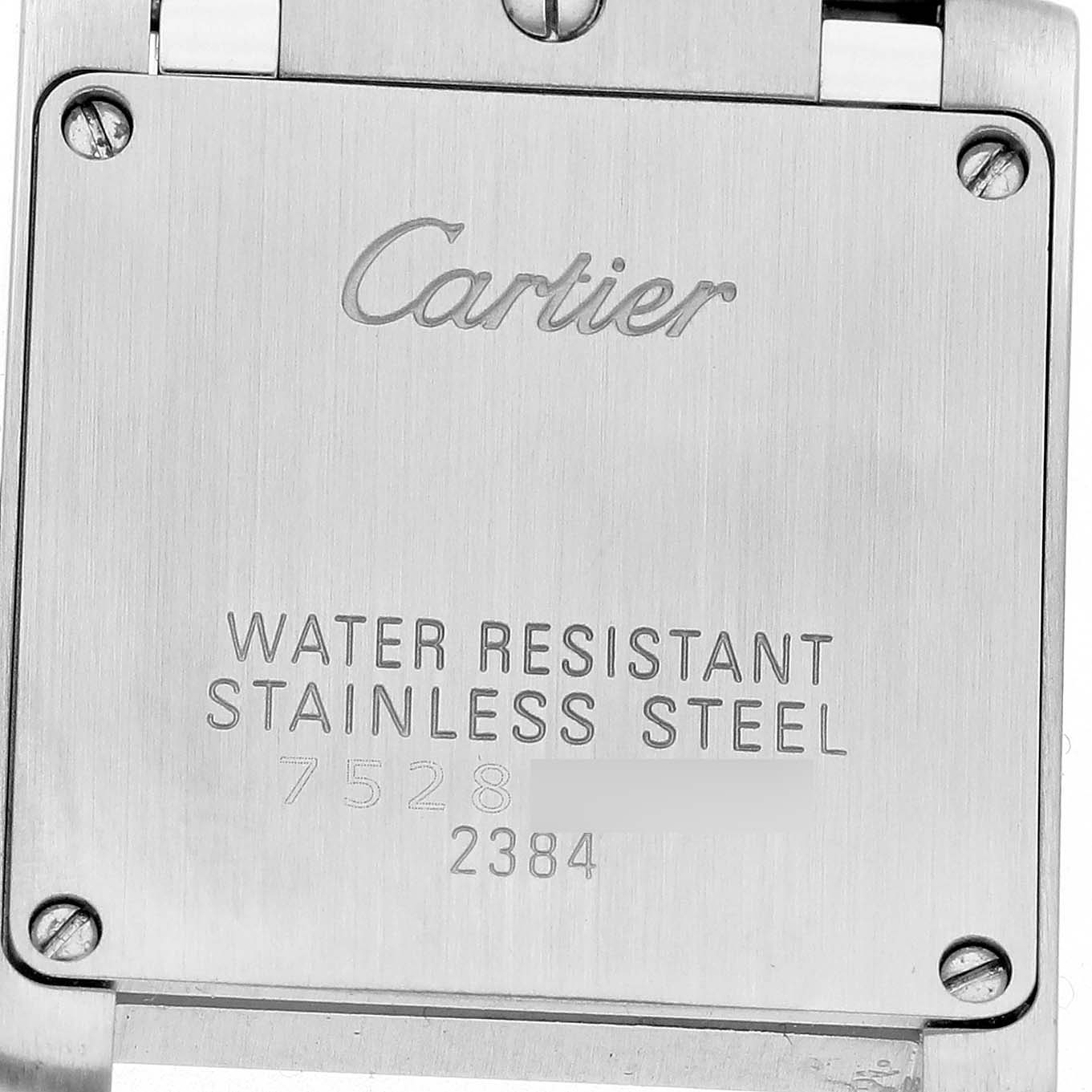 The image shows the back case of a Cartier Tank Francaise W51028Q3 Women's Stainless Steel Mother of Pearl Dial watch, highlighting its stainless steel and water resistance details.