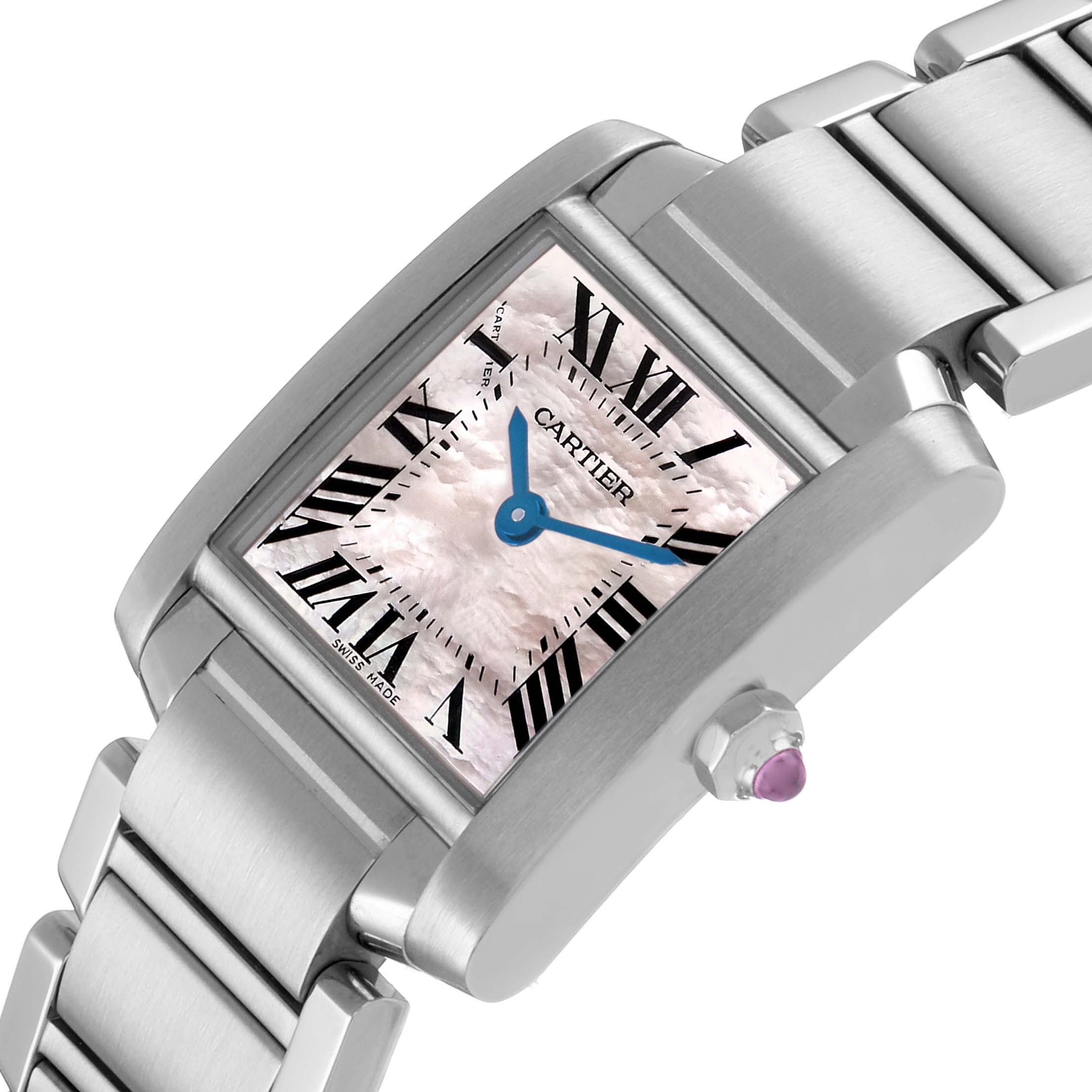 The Cartier Tank Française watch is shown at an angle displaying the dial, bracelet, and crown with a purple gemstone.