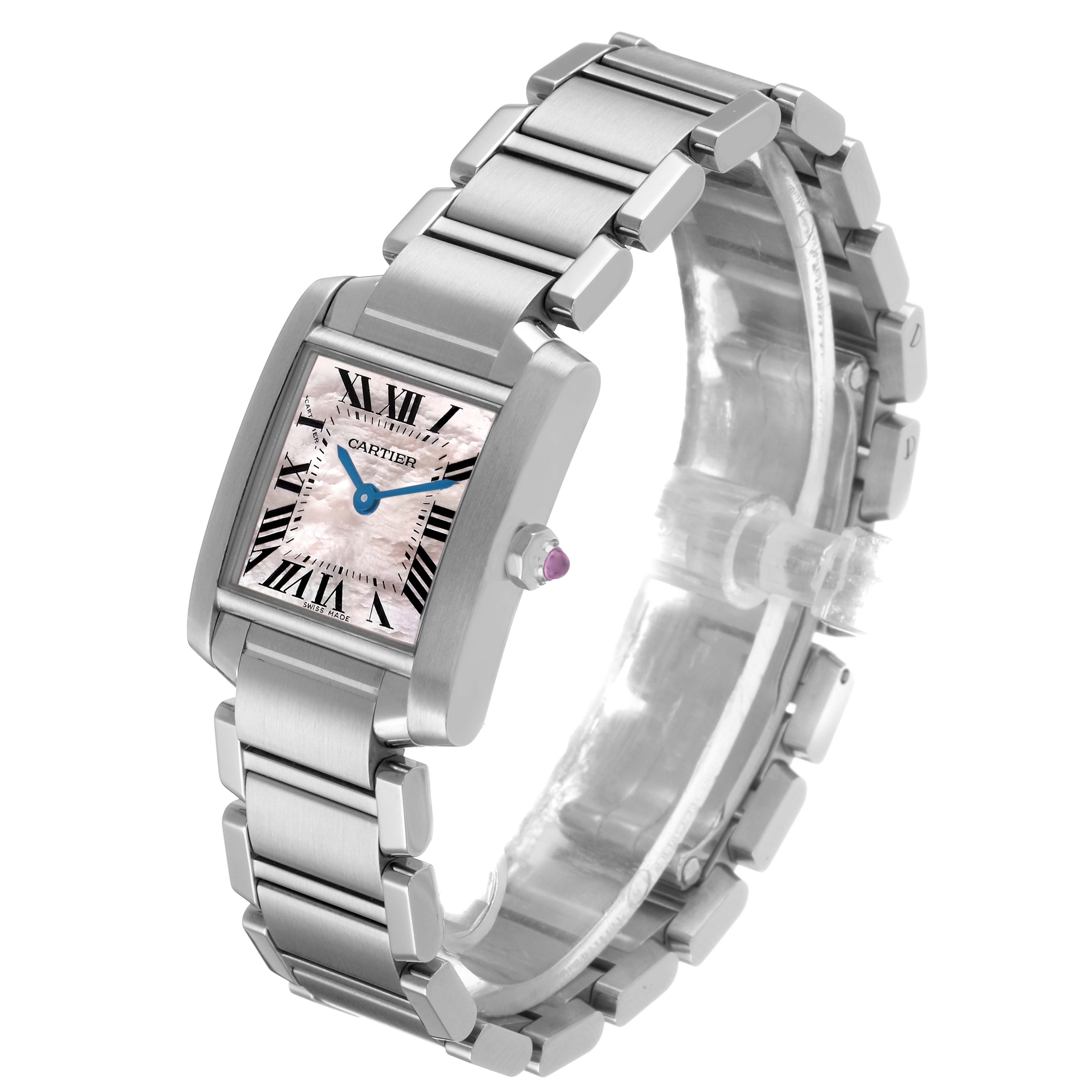 The Cartier Tank Française watch is shown from a slight angled view, highlighting the face, crown, and bracelet.