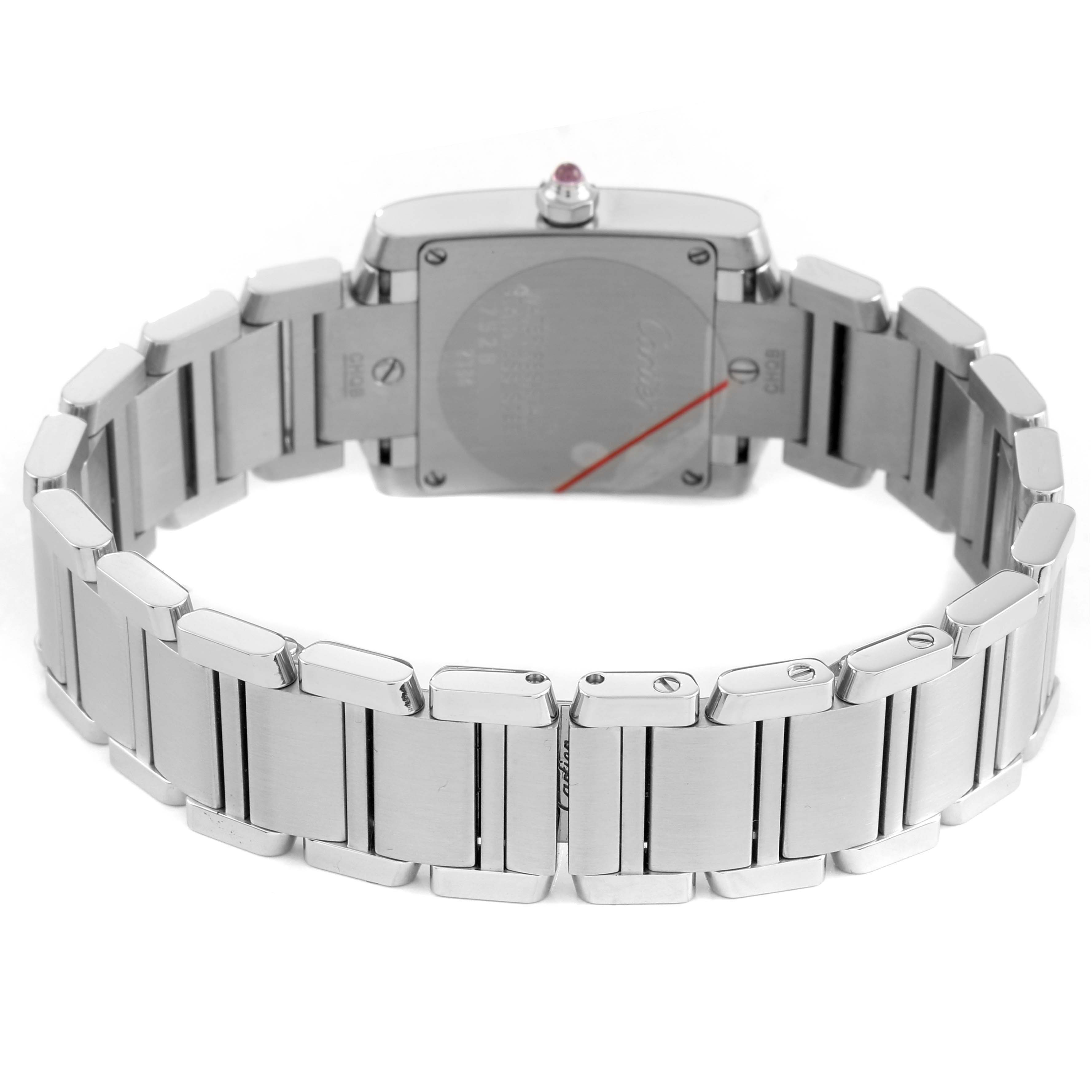 The image shows the Cartier Tank Française watch from the back, highlighting the case back and metal bracelet.