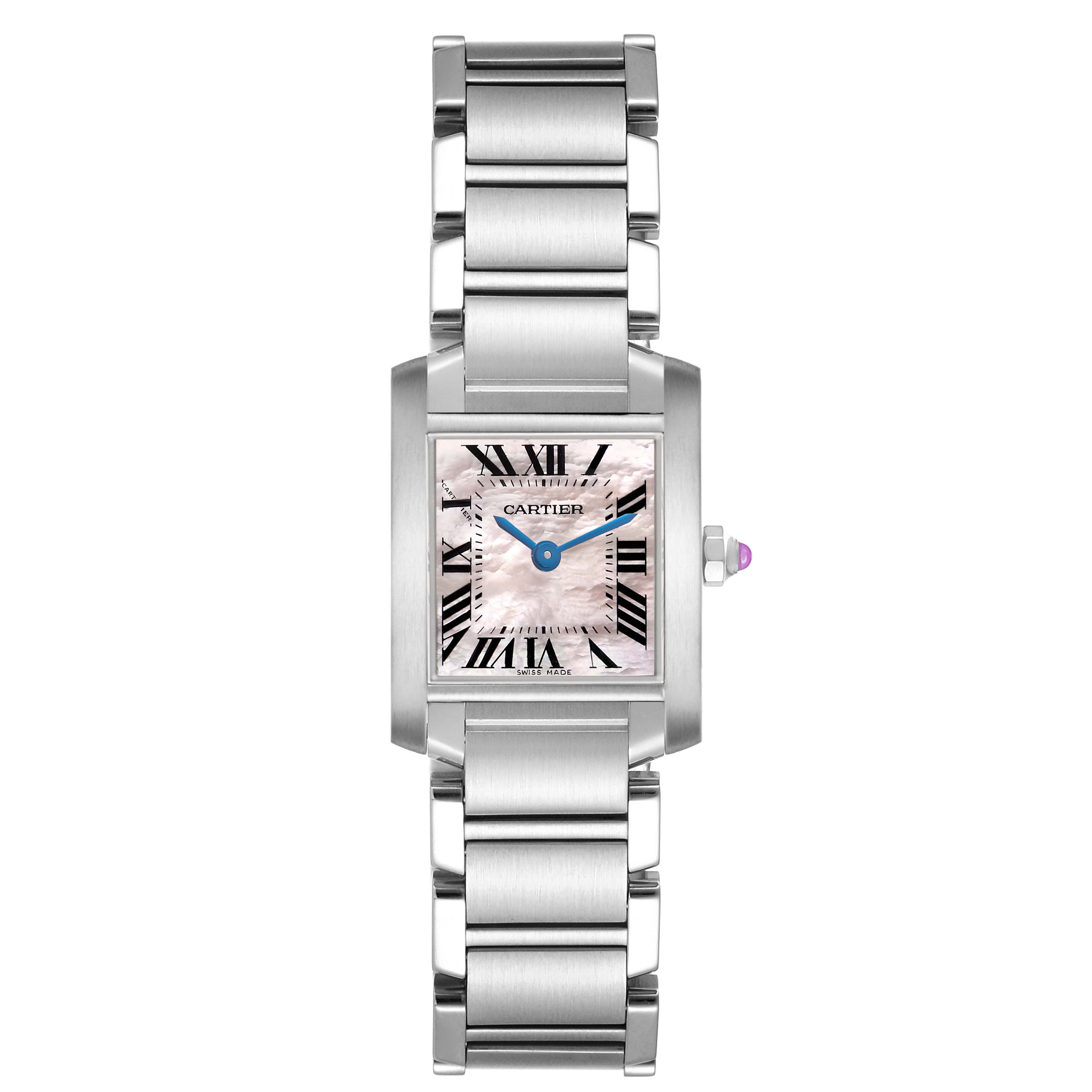 The Cartier Tank Francaise W51028Q3 Women's Stainless Steel Mother of Pearl Dial watch is shown from a top-down angle, highlighting the face, bezel, hands, and bracelet.