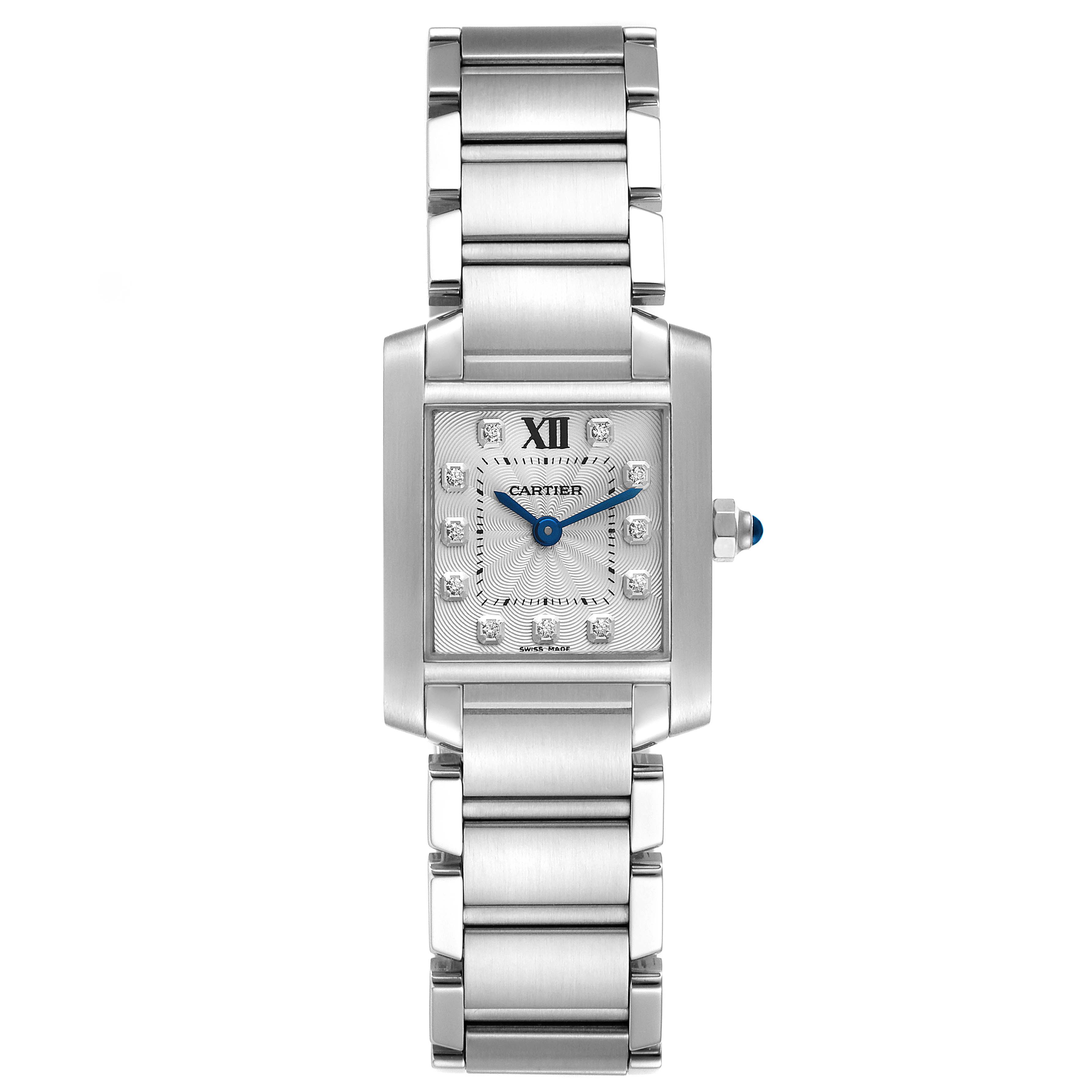 The Cartier Tank Française watch is shown from the front, displaying its rectangular face, blue hands, Roman numeral XII, and metal bracelet.