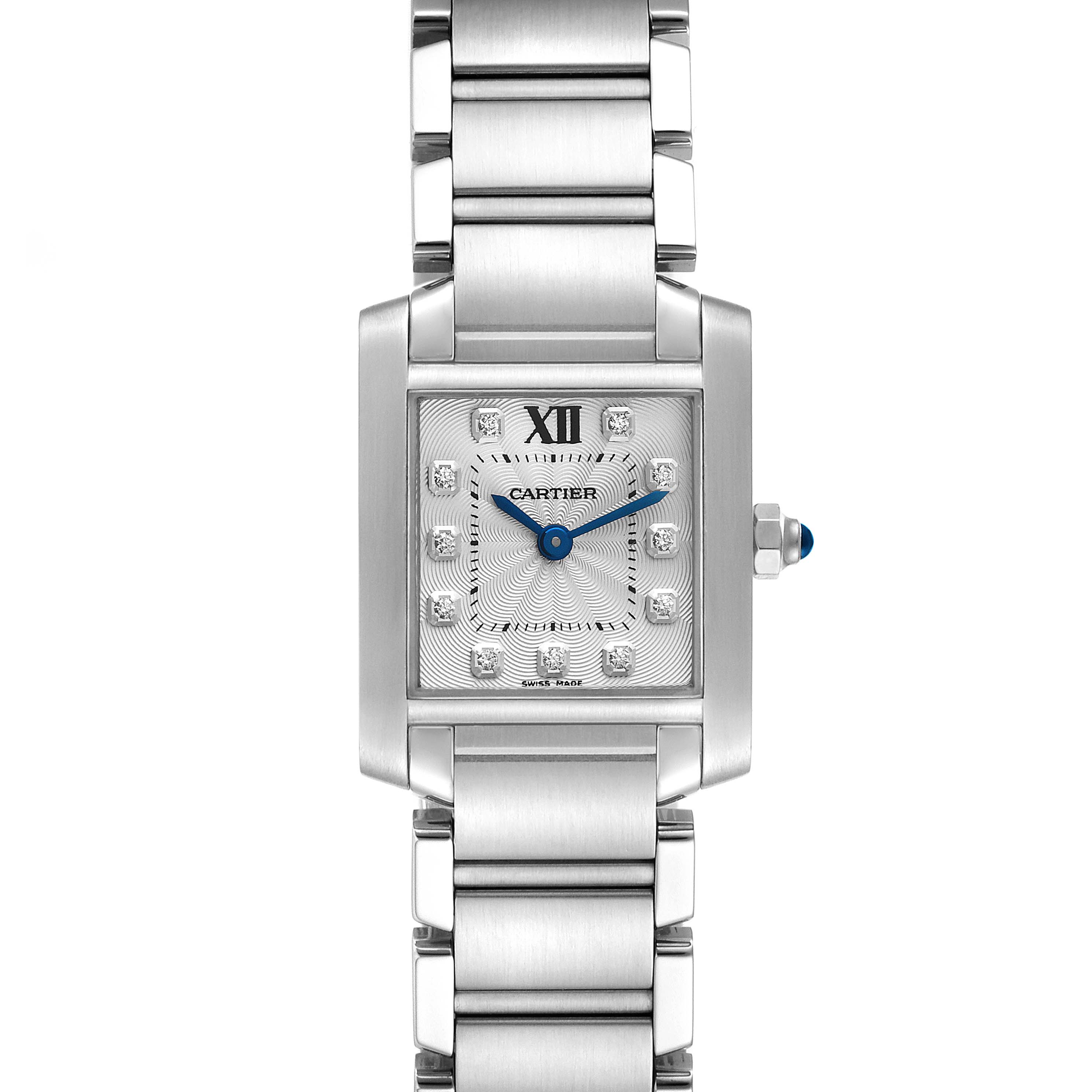 This image shows a frontal view of the Cartier Tank Francaise WE110006 Women's Stainless Steel Silver Dial WE110006 Women's Stainless Steel Silver Dial watch, highlighting the face, blue hands, and a metal bracelet.