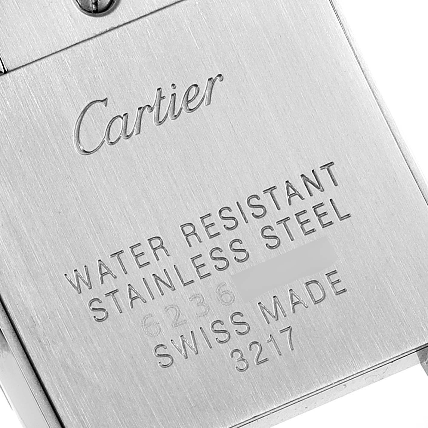 This image shows the back case of a Tank Francaise model by Cartier, highlighting its water resistance and stainless steel material.