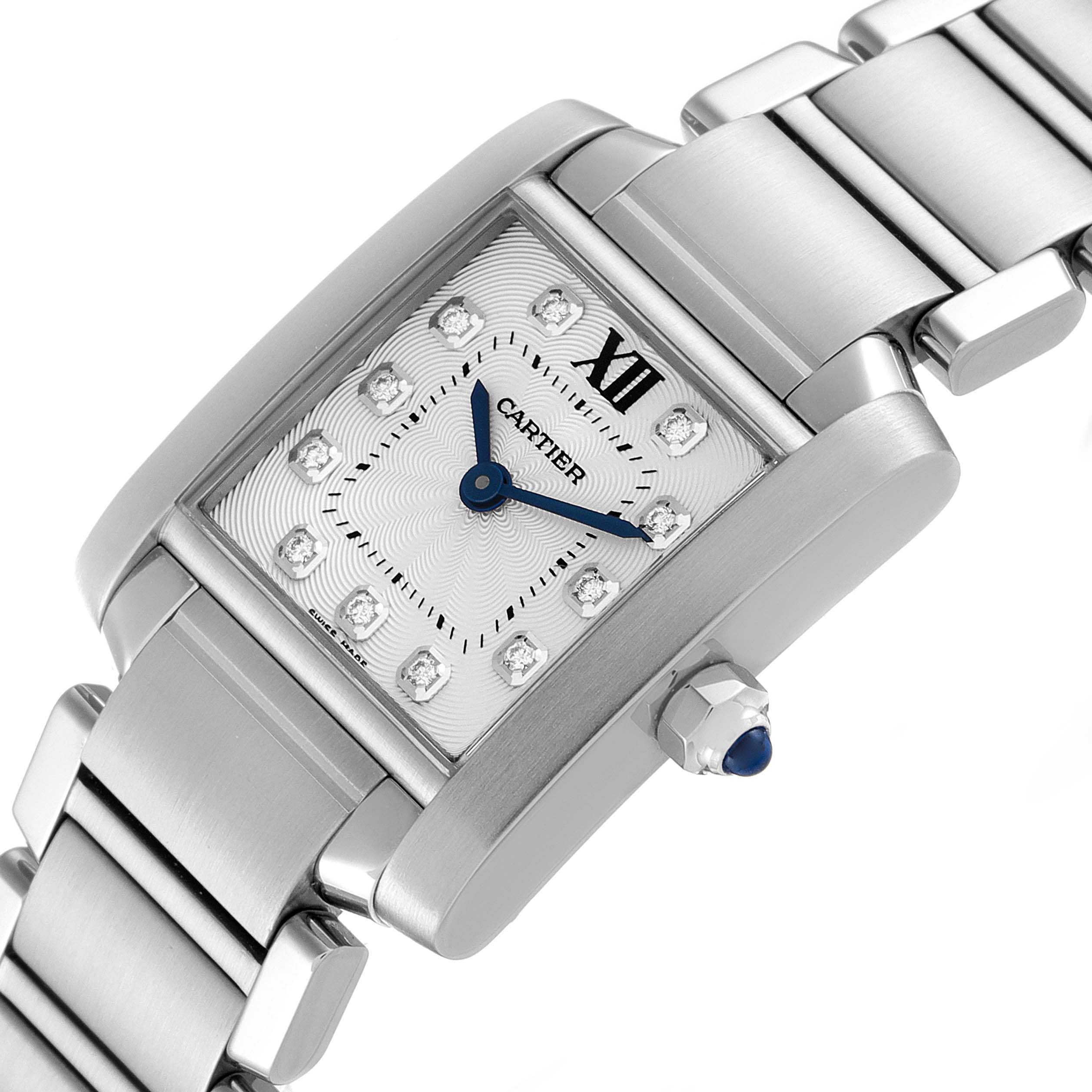The image shows a close-up angle of the Cartier Tank Francaise WE110006 Women's Stainless Steel Silver Dial WE110006 Women's Stainless Steel Silver Dial watch, detailing the dial, crown, and part of the bracelet.