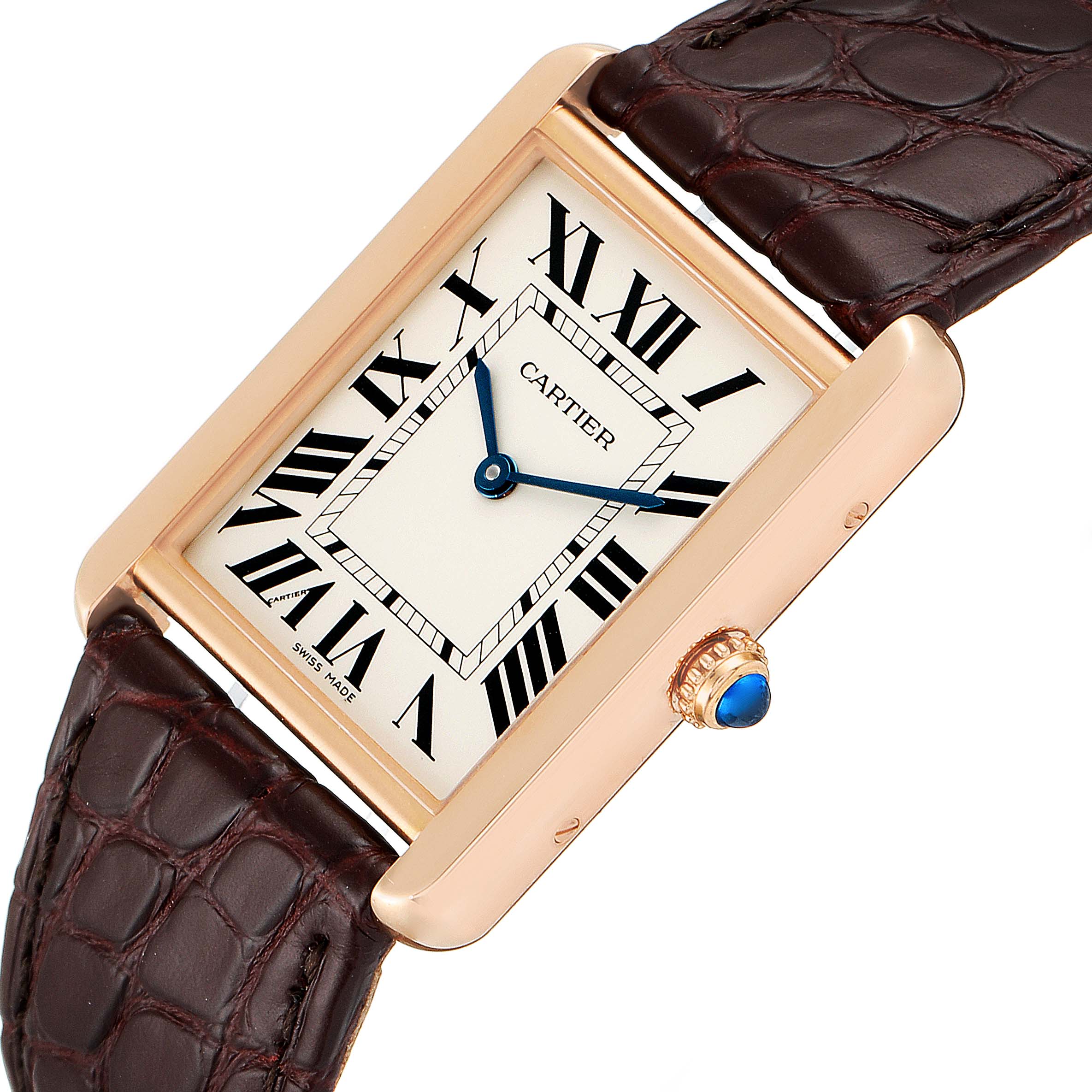 This image shows a Cartier Tank Solo W5200025 Men's Rose Gold Silver Dial W5200025 Men's Rose Gold Silver Dial watch from a tilted angle, highlighting its dial, leather strap, and crown.