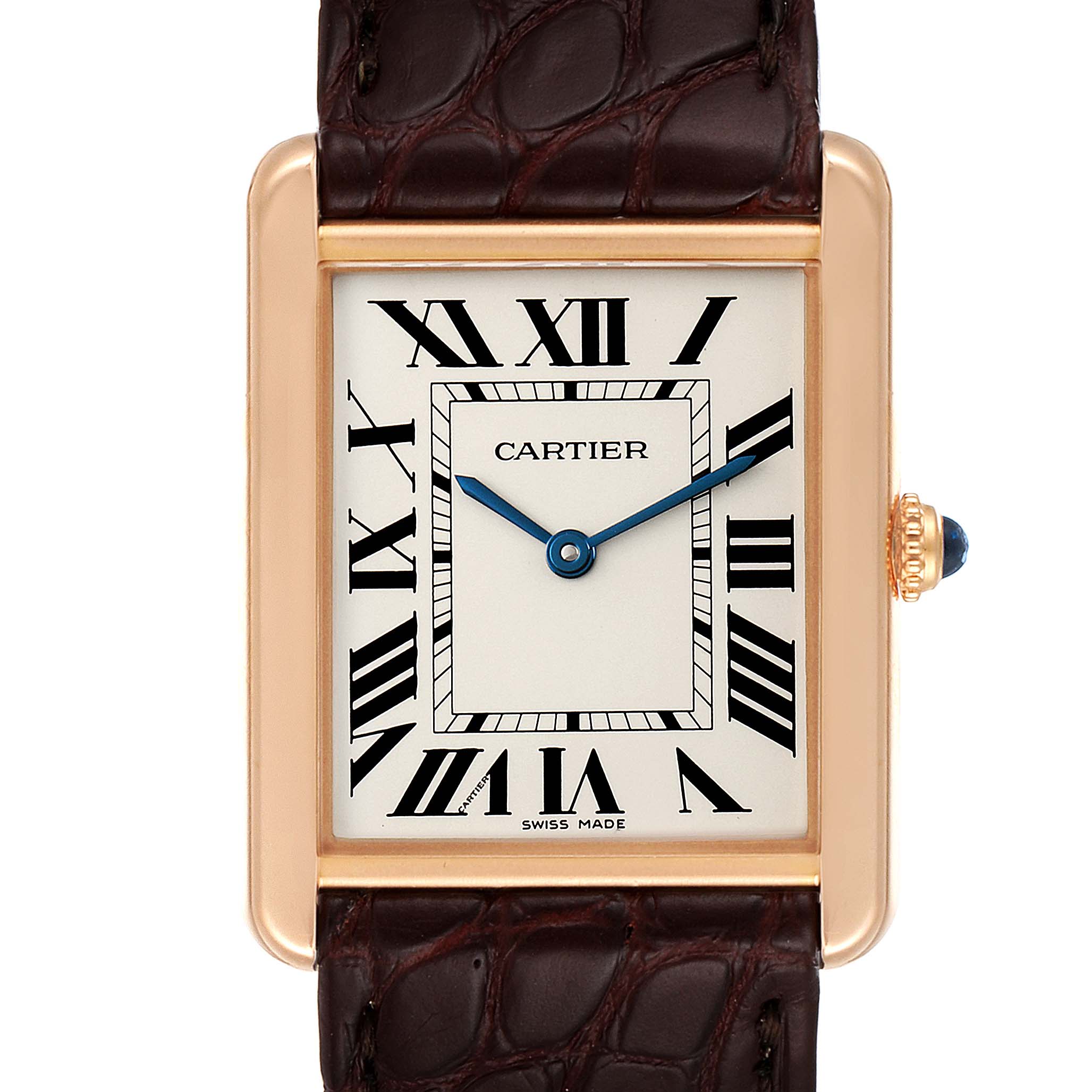 The image shows a Cartier Tank Solo W5200025 Men's Rose Gold Silver Dial W5200025 Men's Rose Gold Silver Dial watch from a front angle, highlighting the rectangular dial, Roman numerals, and leather strap.
