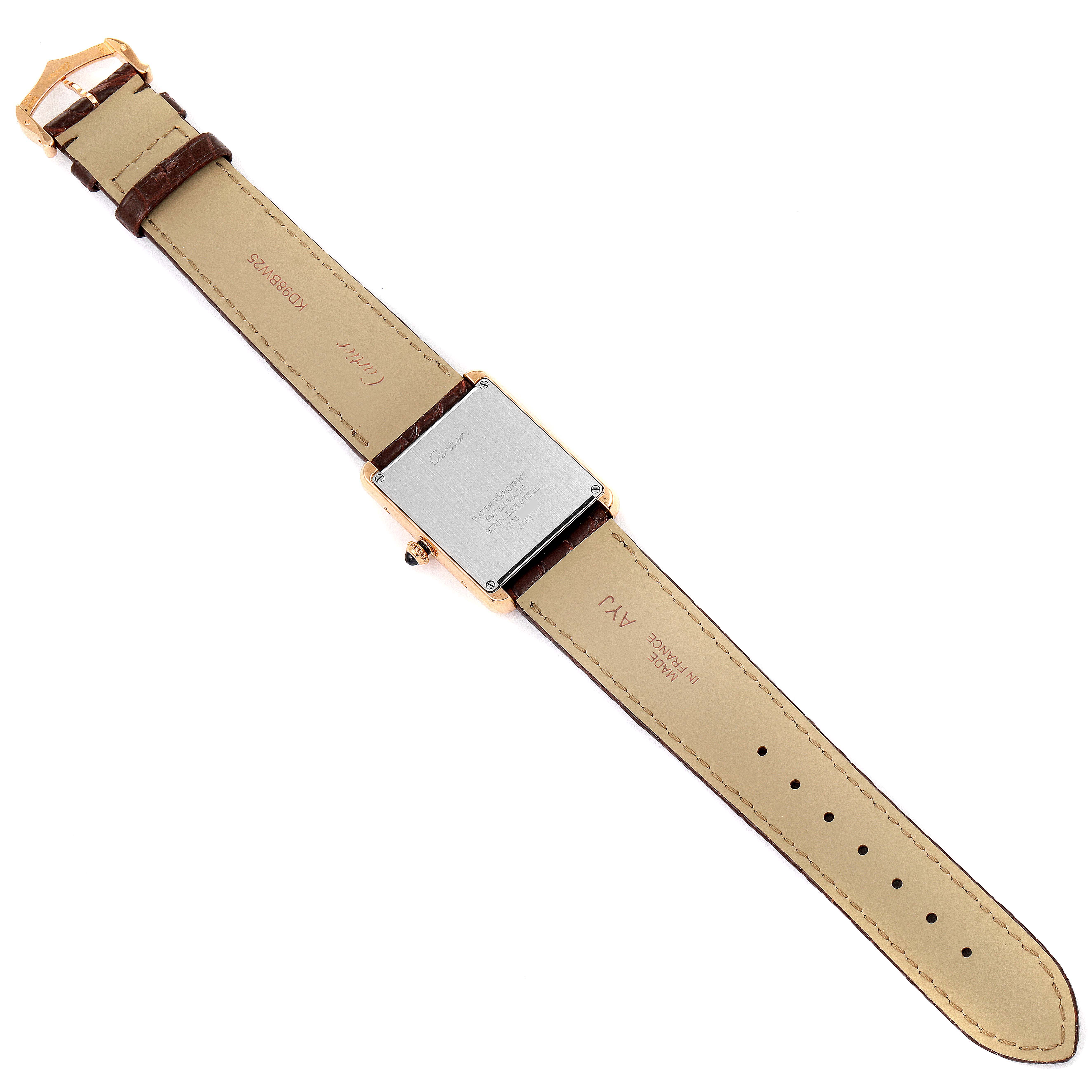 The image shows the back view of a Tank Solo watch by Cartier, focusing on the strap, buckle, and case back.