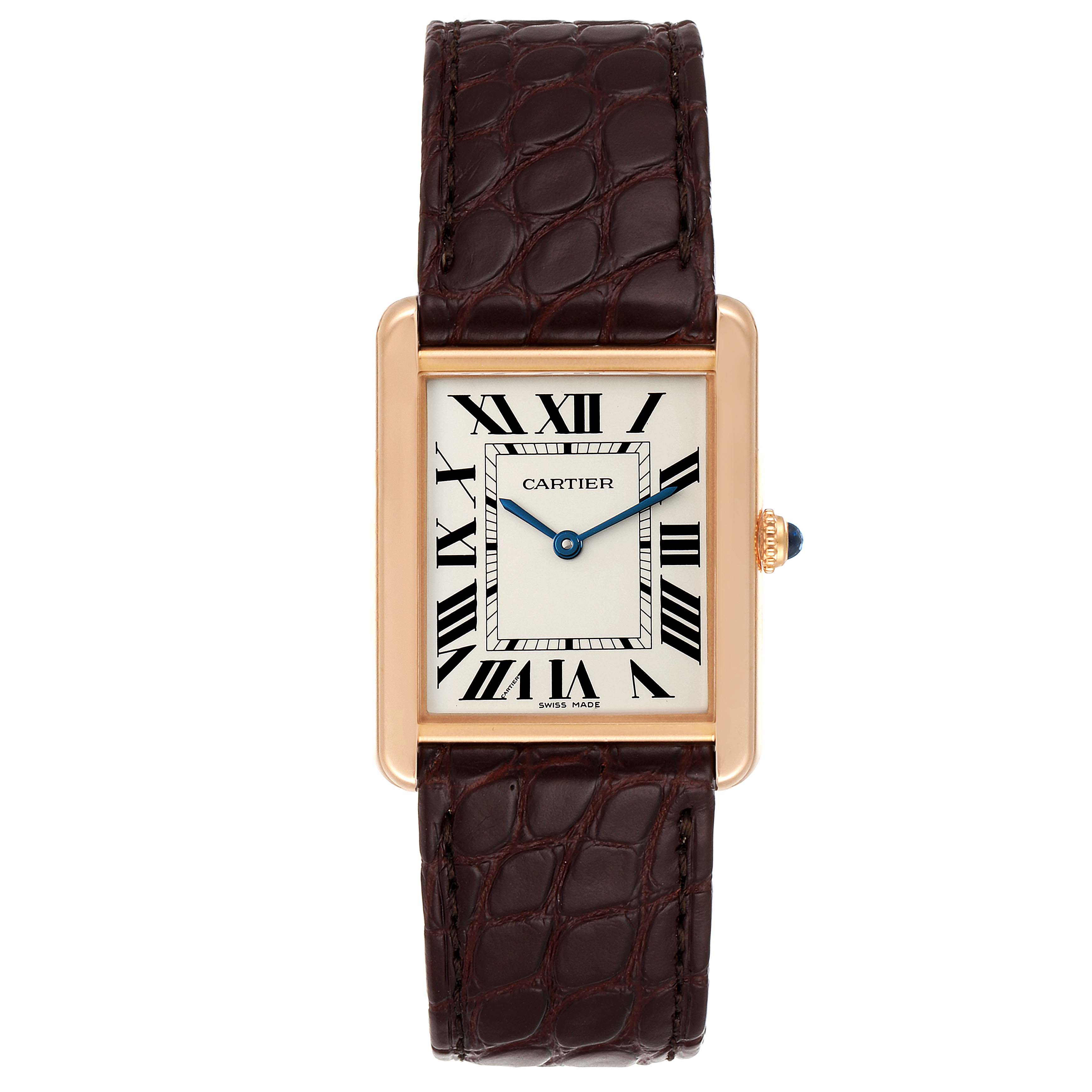 The image shows a Cartier Tank Solo W5200025 Men's Rose Gold Silver Dial W5200025 Men's Rose Gold Silver Dial watch from a top-down angle, featuring its face and strap.