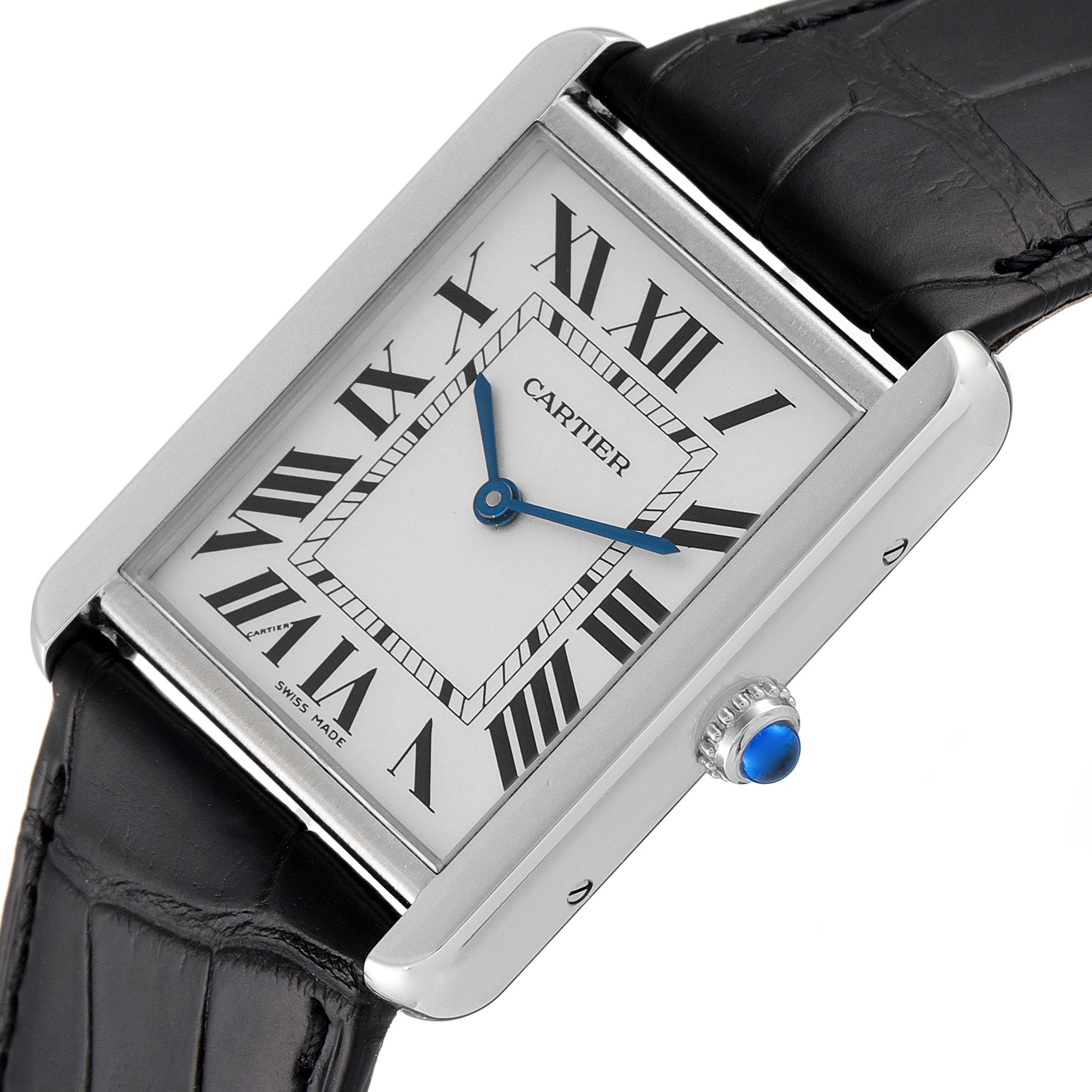 The image shows a Cartier Tank Solo W1018355 Men
s Stainless Steel Silver Dial W1018355 Men
s Stainless Steel Silver Dial watch from a slight angle, highlighting its rectangular face, Roman numerals, and leather strap.