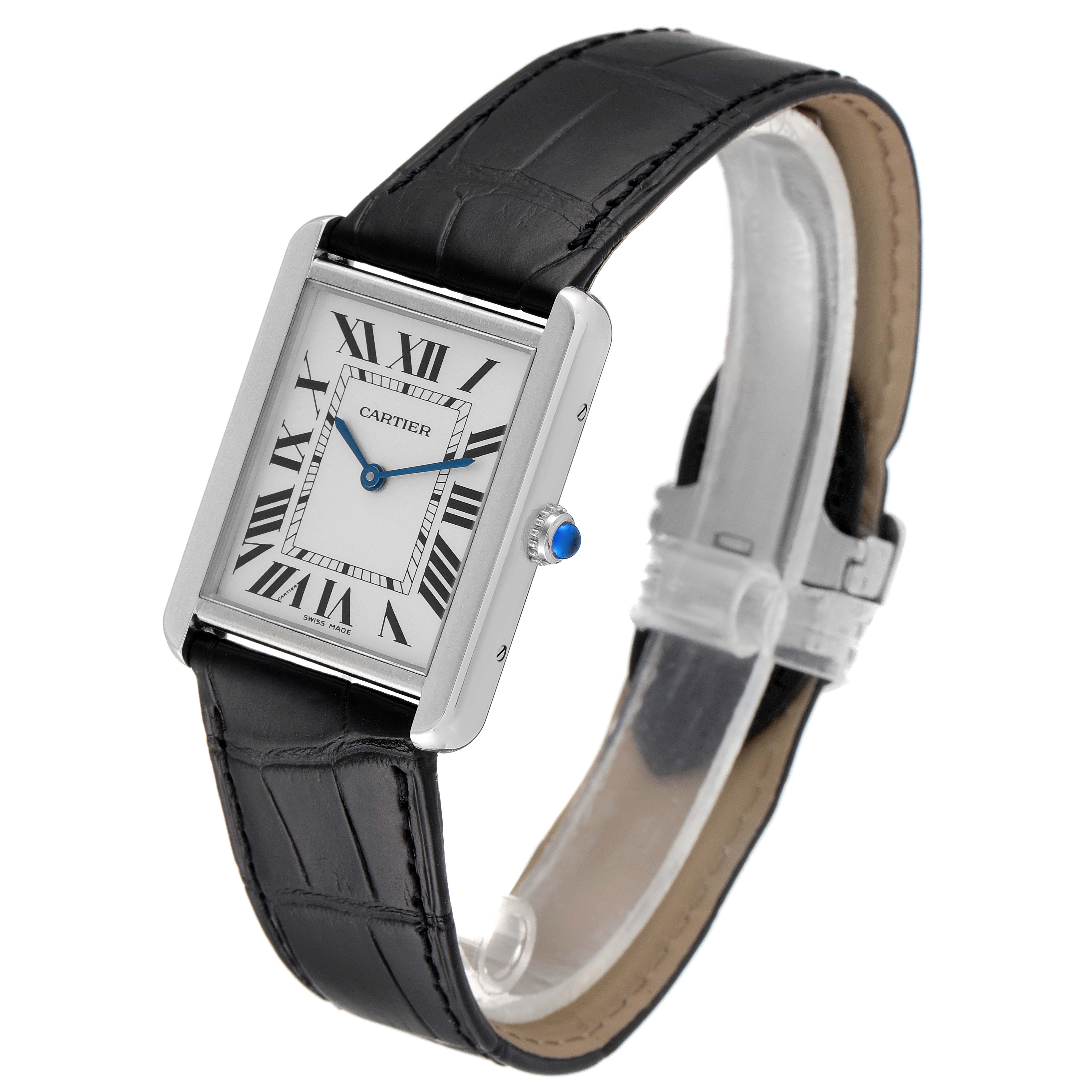The image shows a Cartier Tank Solo W1018355 Men
s Stainless Steel Silver Dial W1018355 Men
s Stainless Steel Silver Dial watch at a slight angle, displaying the face, black leather strap, and blue-set crown.