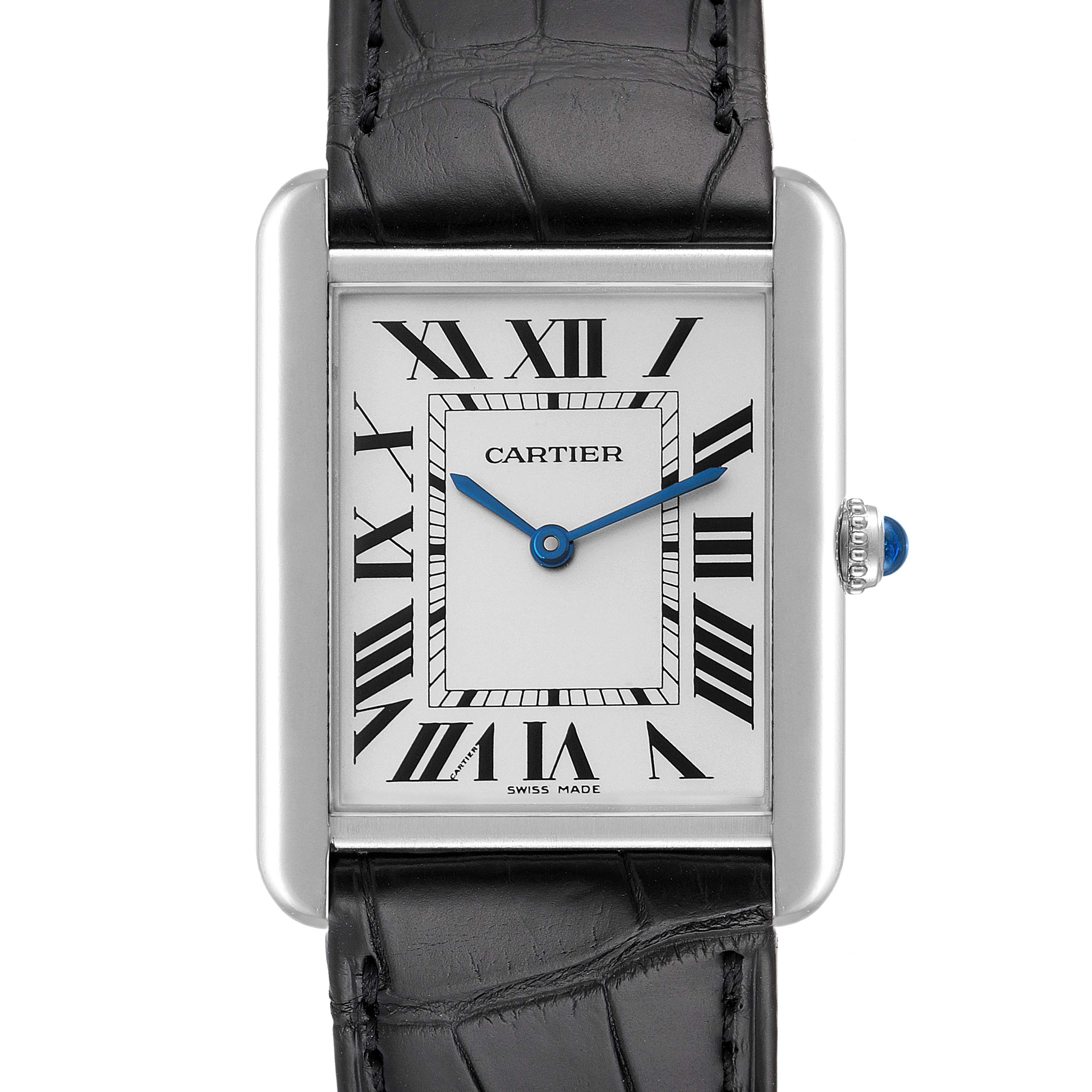This image shows a frontal view of a Cartier Tank Solo W1018355 Men
s Stainless Steel Silver Dial W1018355 Men
s Stainless Steel Silver Dial watch, highlighting its rectangular face, Roman numerals, and leather strap.