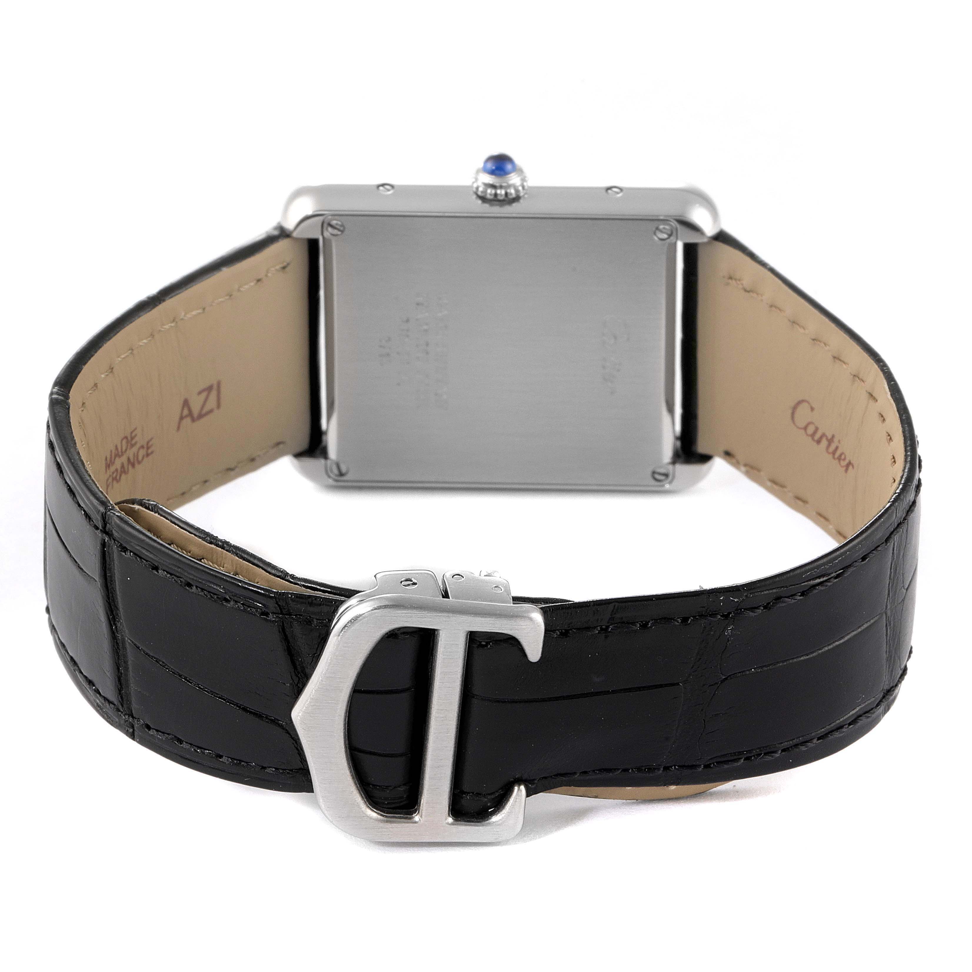 This image shows the back view of the Cartier Tank Solo W1018355 Men
s Stainless Steel Silver Dial W1018355 Men
s Stainless Steel Silver Dial watch, highlighting its clasp and case back.