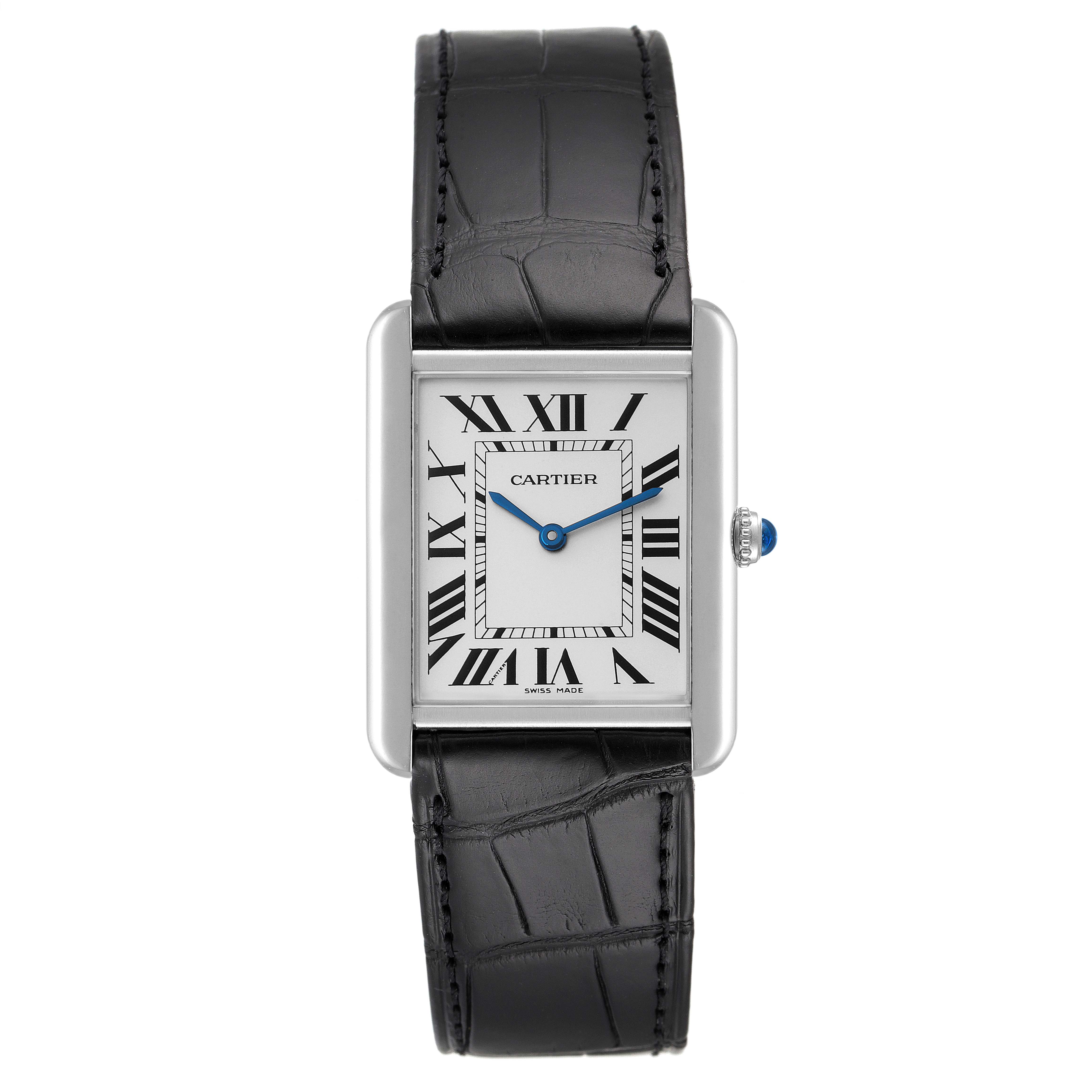 The image shows a straight-on view of the Cartier Tank Solo W1018355 Men
s Stainless Steel Silver Dial W1018355 Men
s Stainless Steel Silver Dial watch, featuring its face and black leather strap.