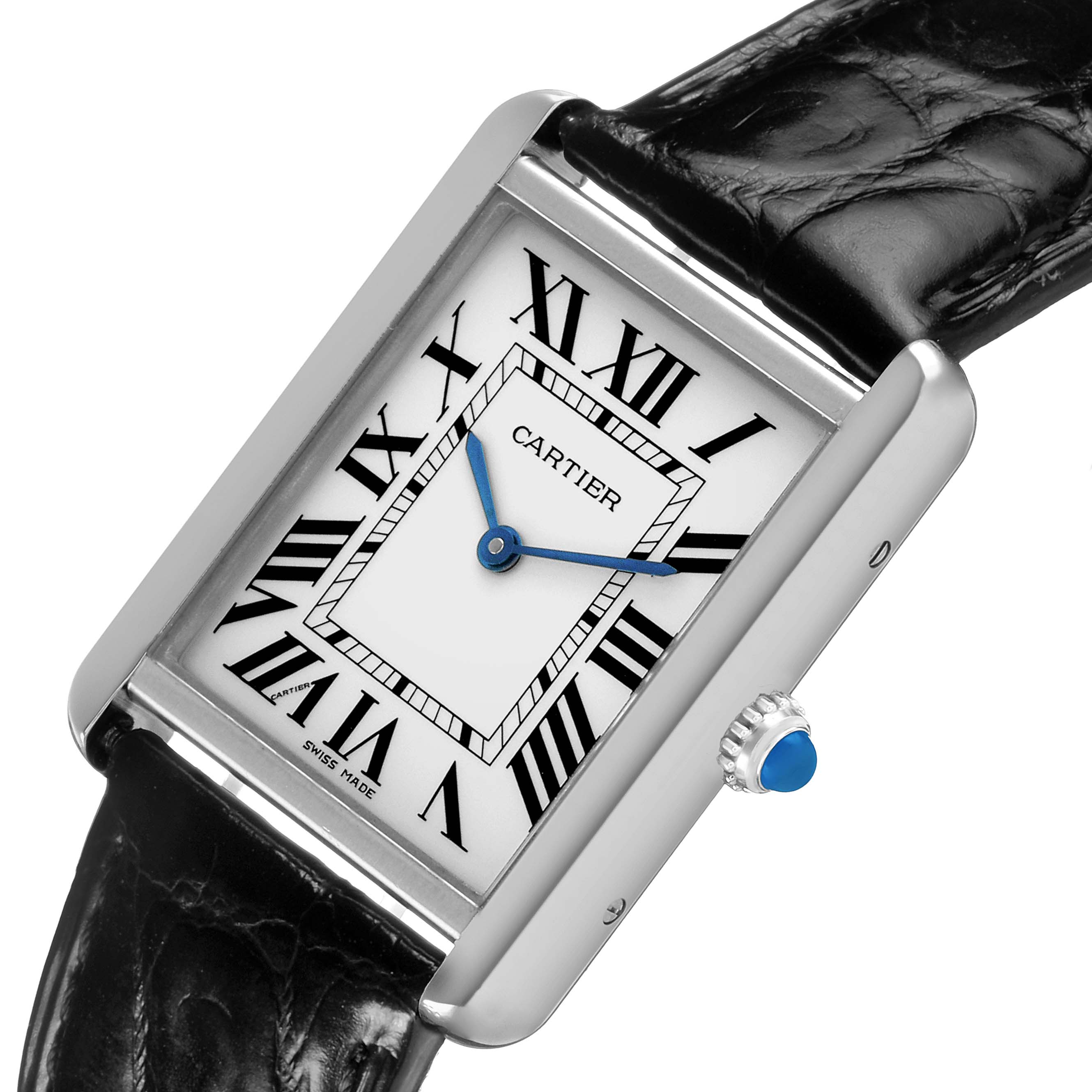The Cartier Tank Solo W5200003 Men's Stainless Steel Silver Dial is shown from a front angle highlighting the face, blue hands, Roman numerals, and crown with blue cabochon.
