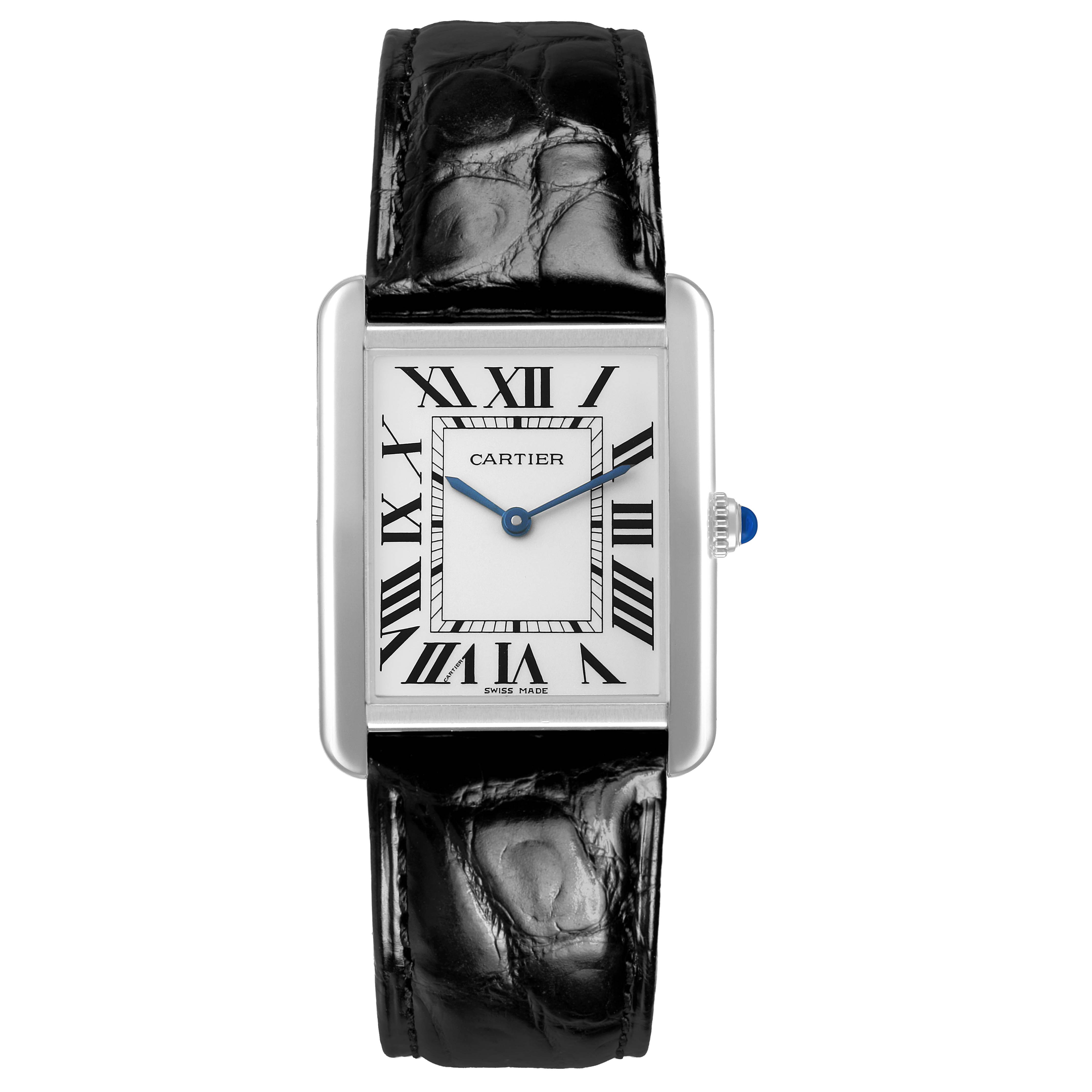 The Cartier Tank Solo W5200003 Men's Stainless Steel Silver Dial watch is shown from a front angle, displaying its rectangular face, roman numerals, blue hands, and black leather strap.
