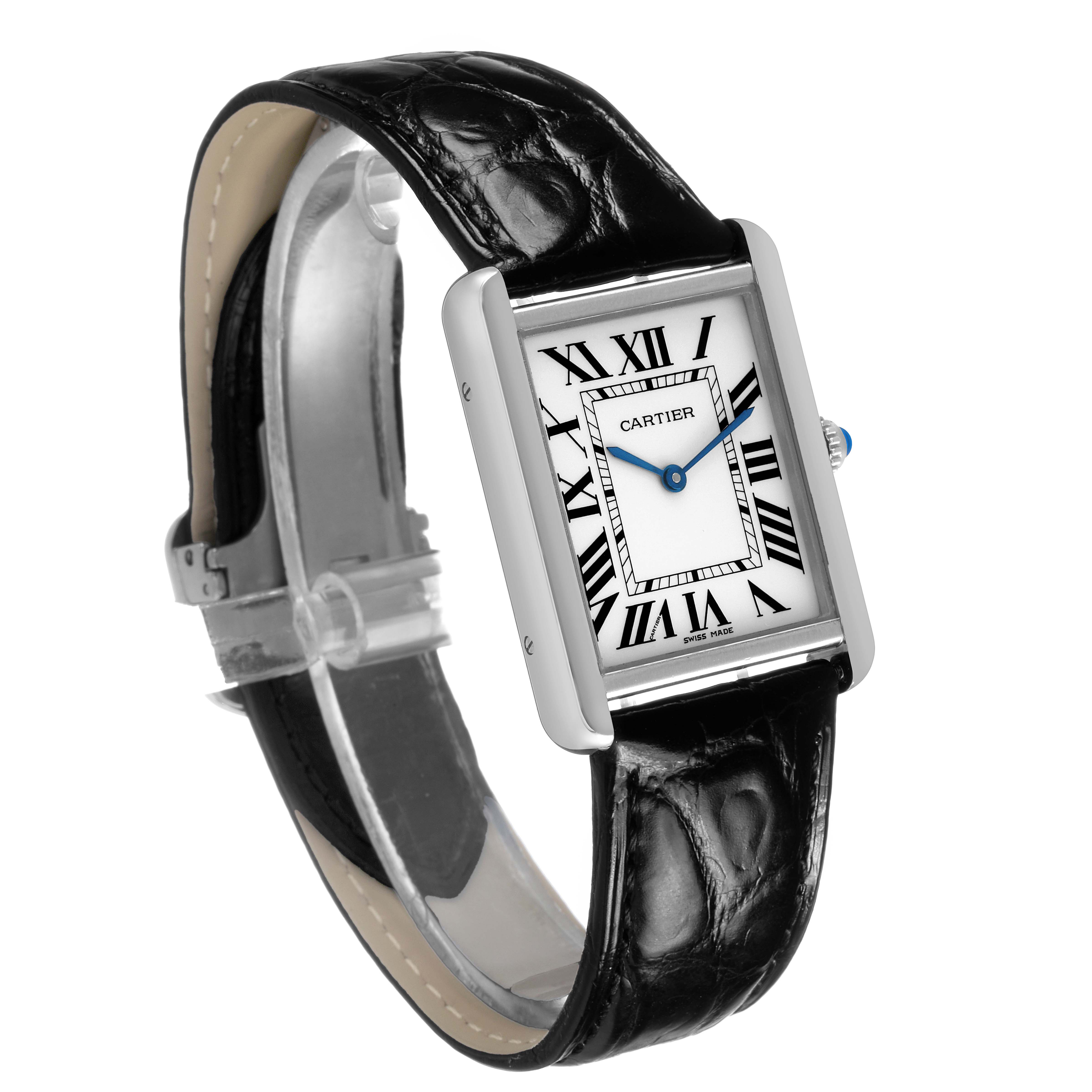 The Cartier Tank Solo W5200003 Men's Stainless Steel Silver Dial watch is shown at a slight angle, featuring its rectangular case, Roman numeral dial, and black leather strap.
